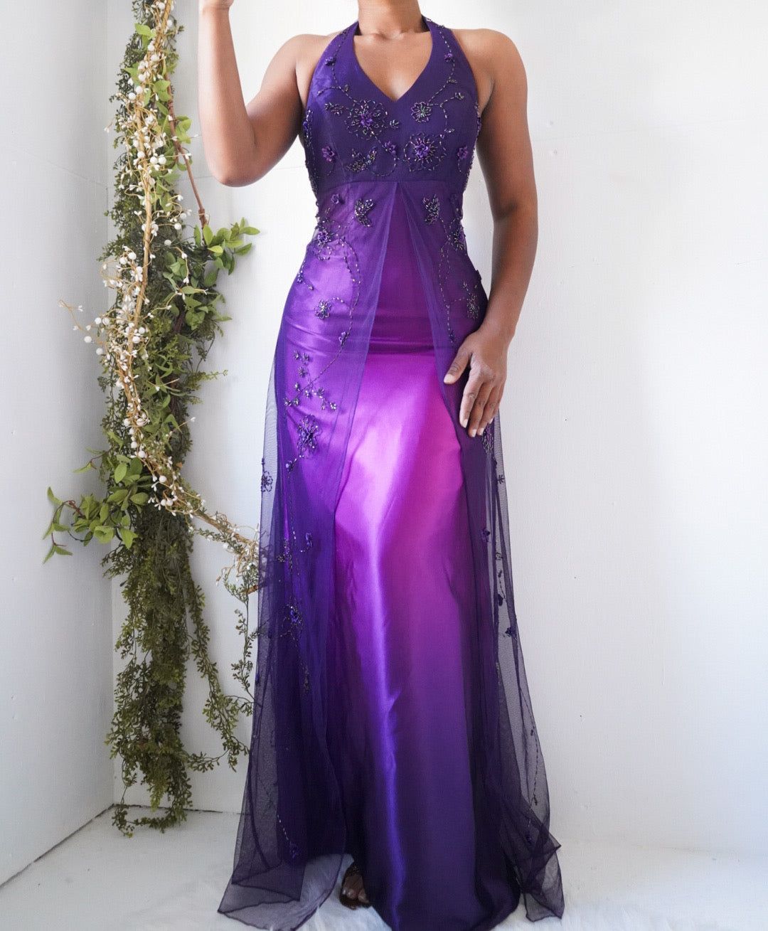 Y2K Purple Ombre Beaded Split Front Halter Gown