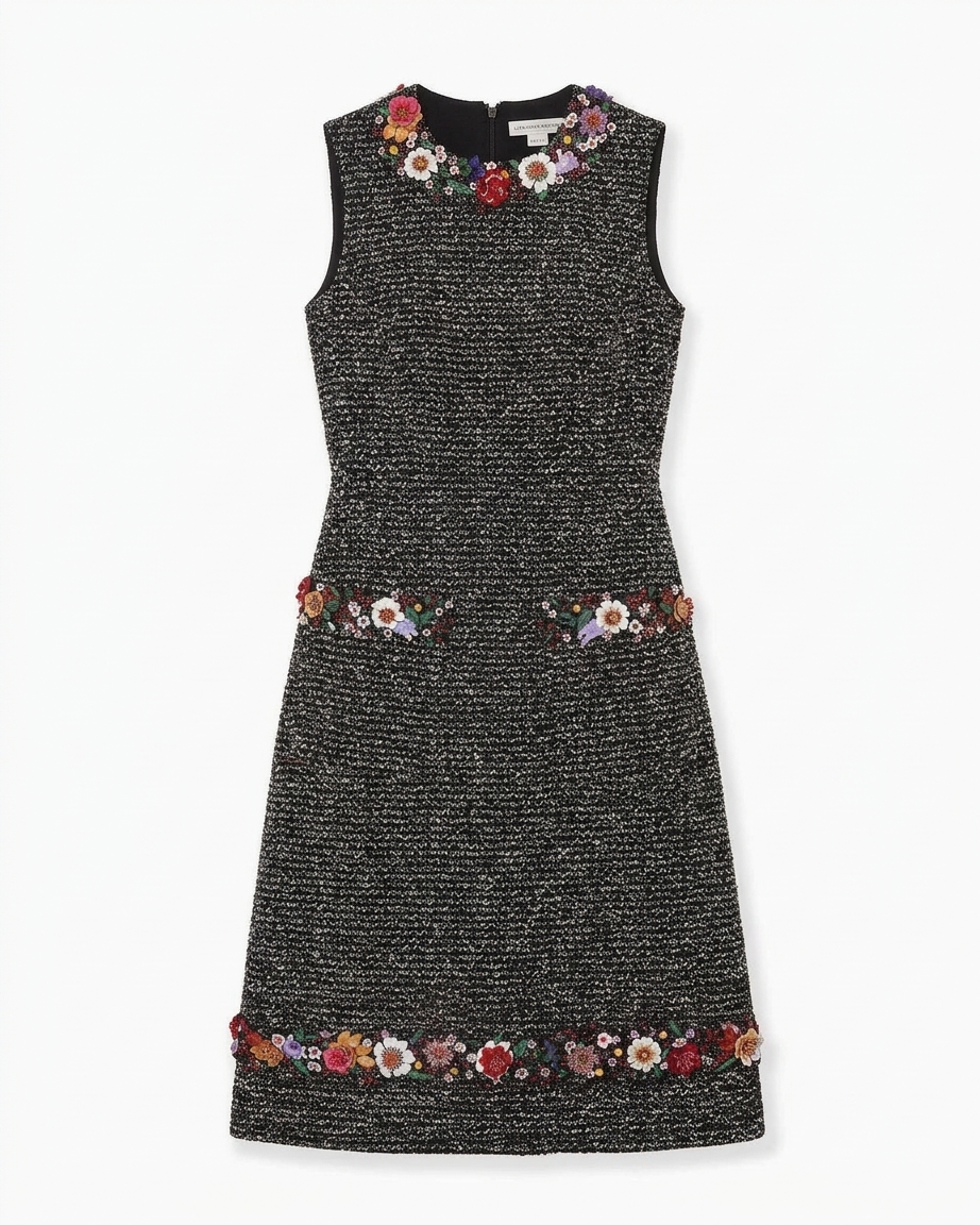 Floral-embroidered Tweed Midi Dress