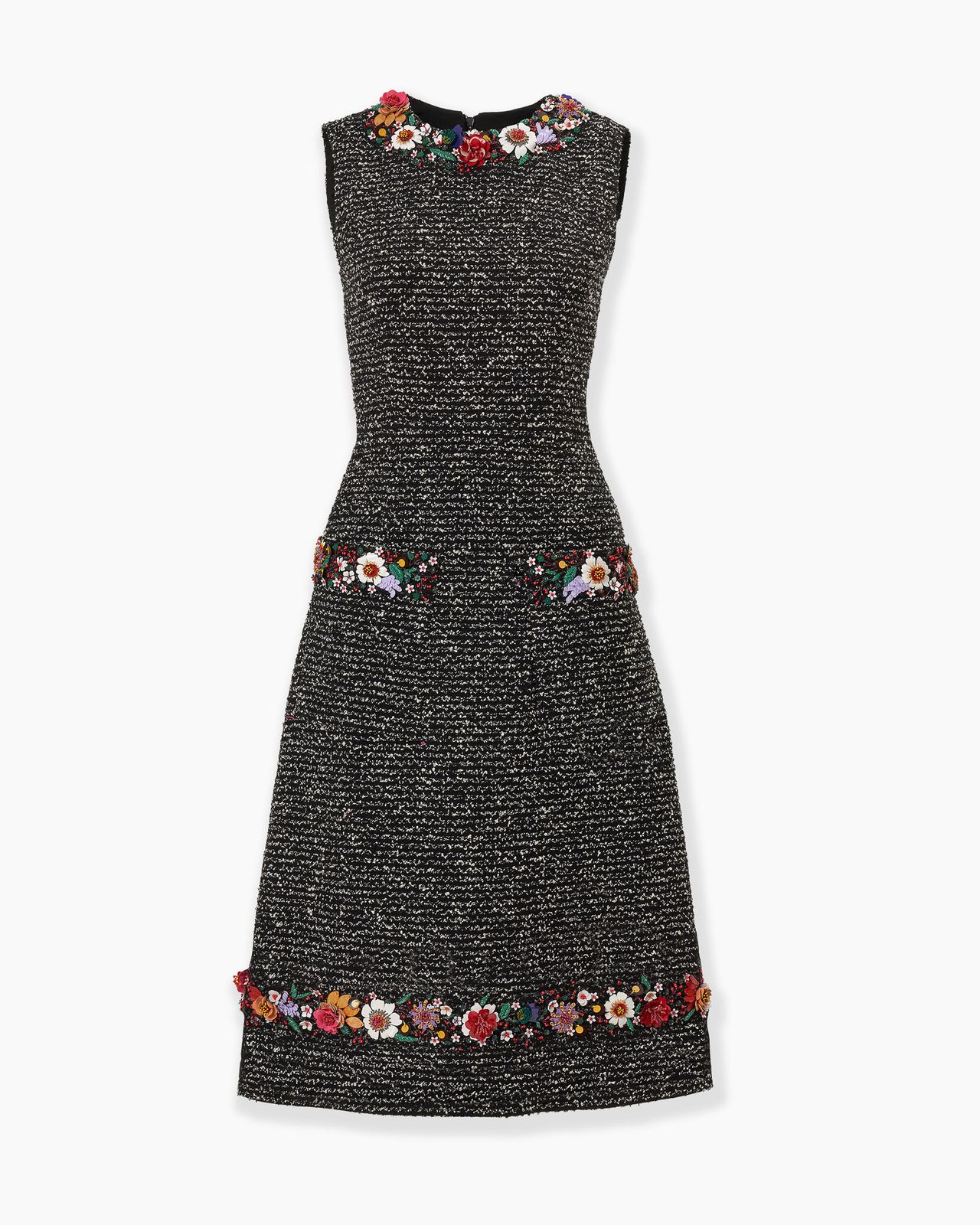 Floral-Embroidered Tweed Midi Dress