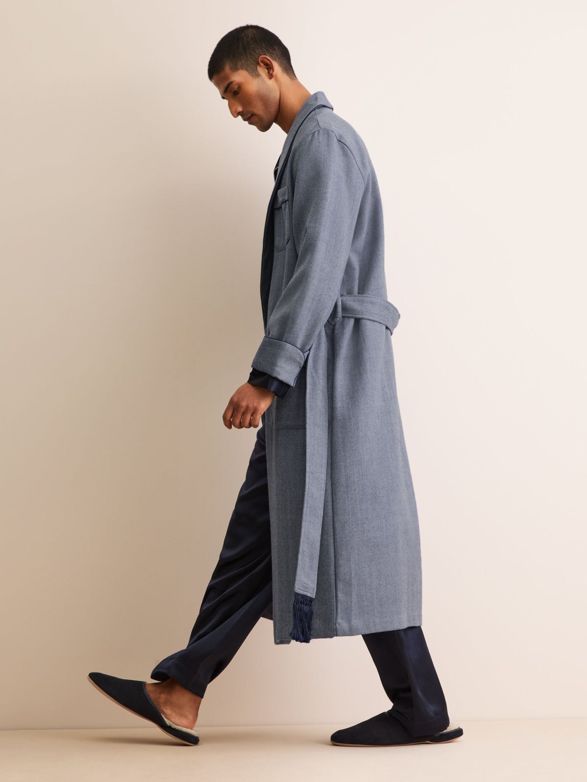 Lincoln Merino Wool Dressing Gown Navy Blue Herringbone