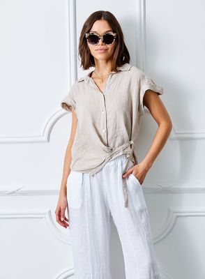 Seville Short Sleeve Linen Shirt With Tie Detail