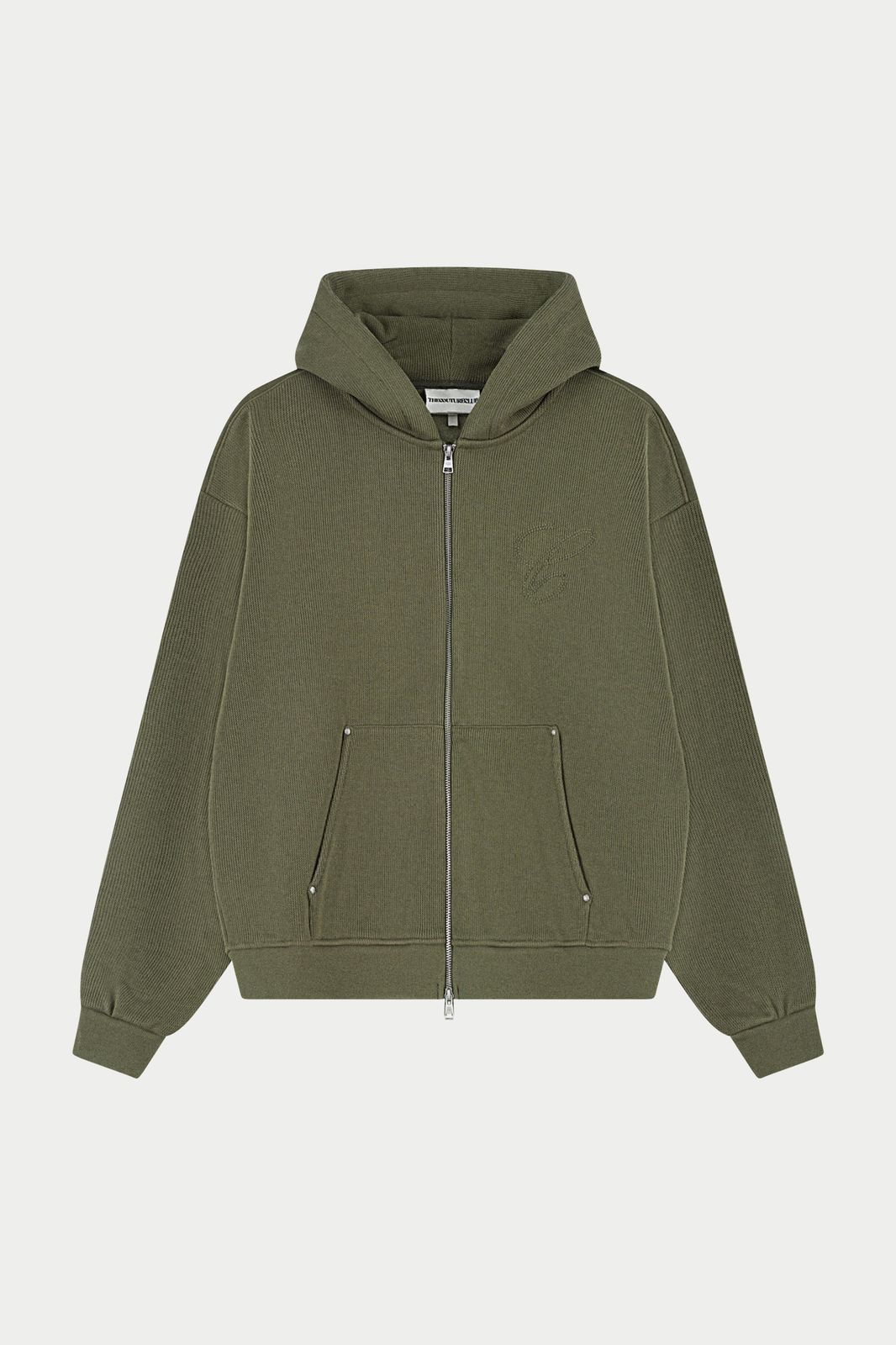 KNIT CONTRAST BINDING ZIP THROUGH HOODIE - KHAKI