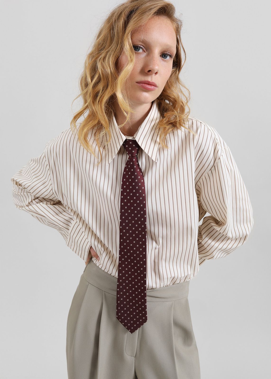 Gainsford Neck Tie Shirt - Beige/Brown Stripe