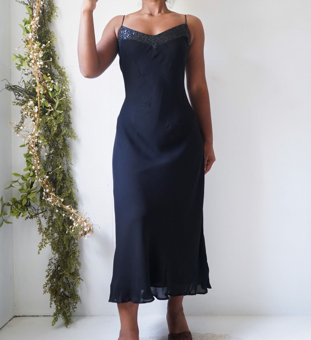 Vintage 90’s Staple Silk Sequin Neckline Midi Dress
