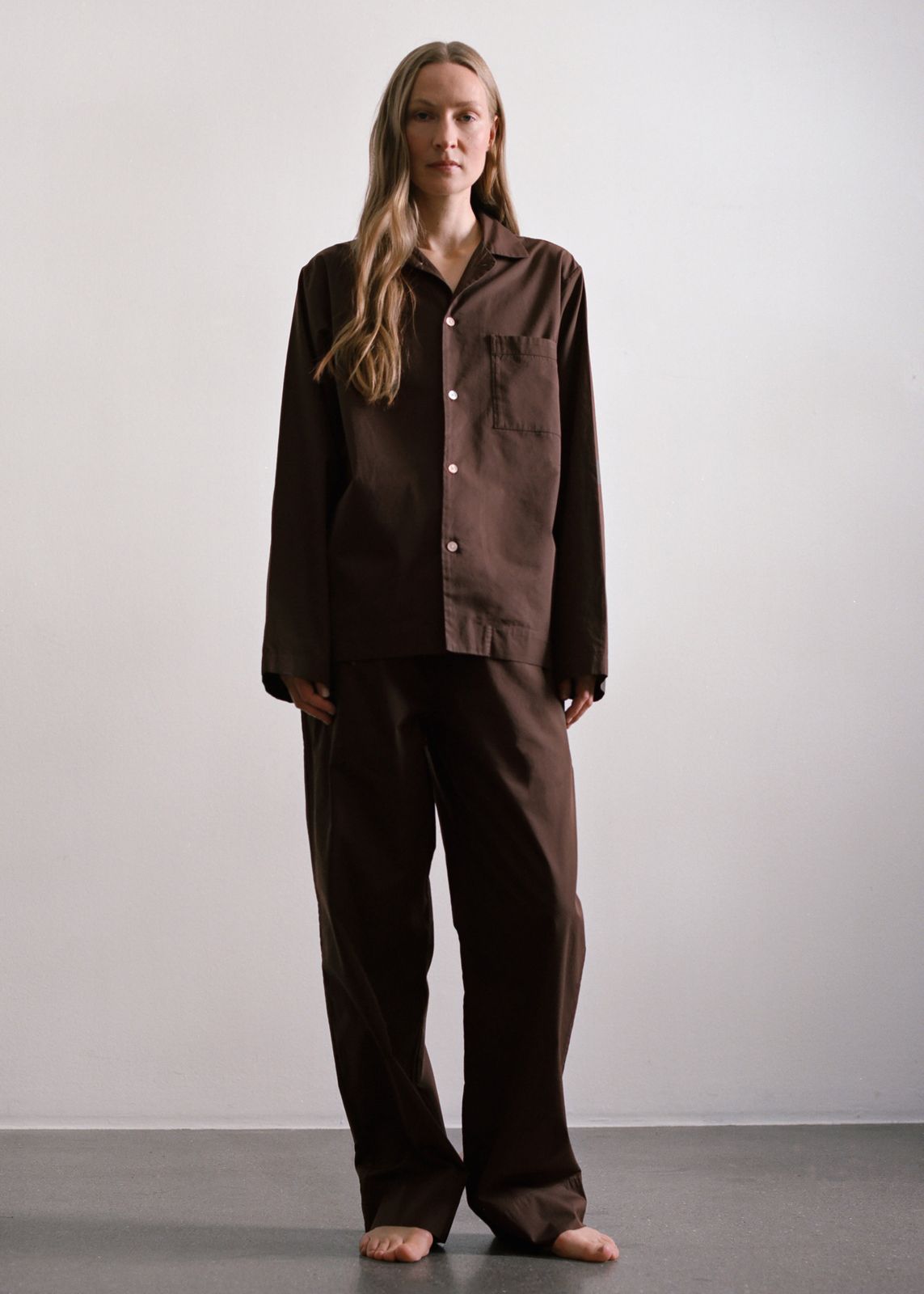 Tekla Poplin Pyjama Shirt - Coffee