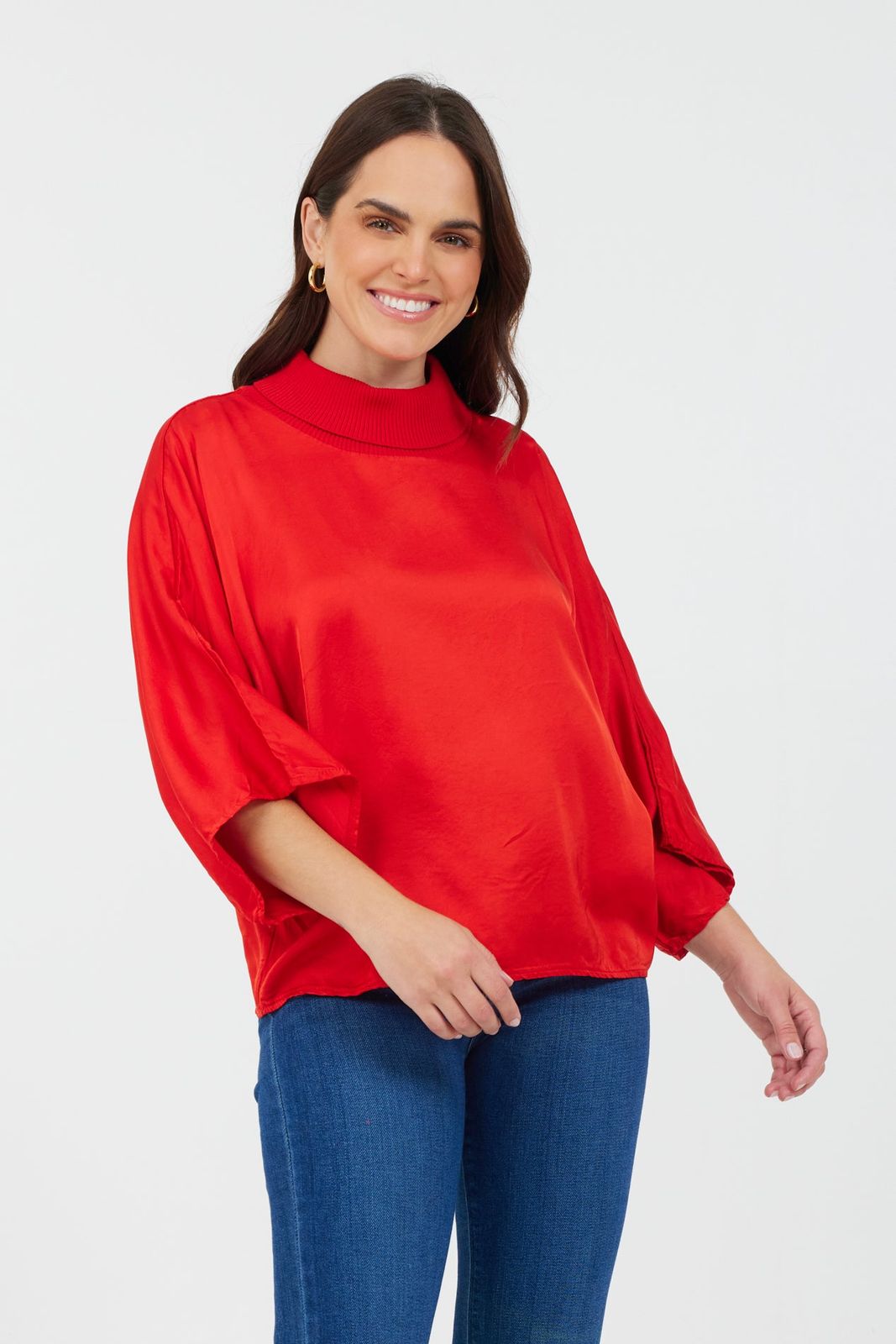 Jonah Satin Batwing Top With Ribbed Neck