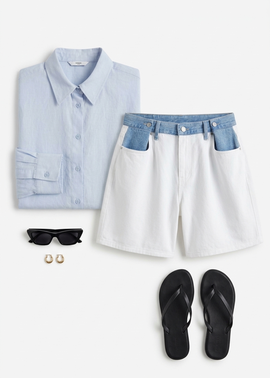 Hayla Contrast Denim Shorts - Off White/blue