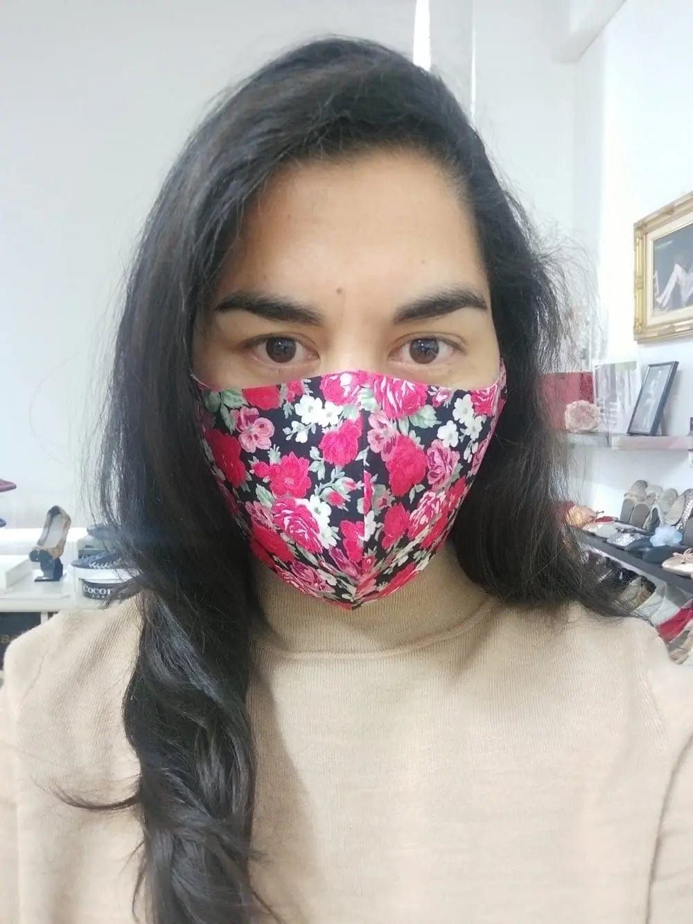 Cotton Face Mask with Filter Pocket and Matching Pouch - Rose Print Black