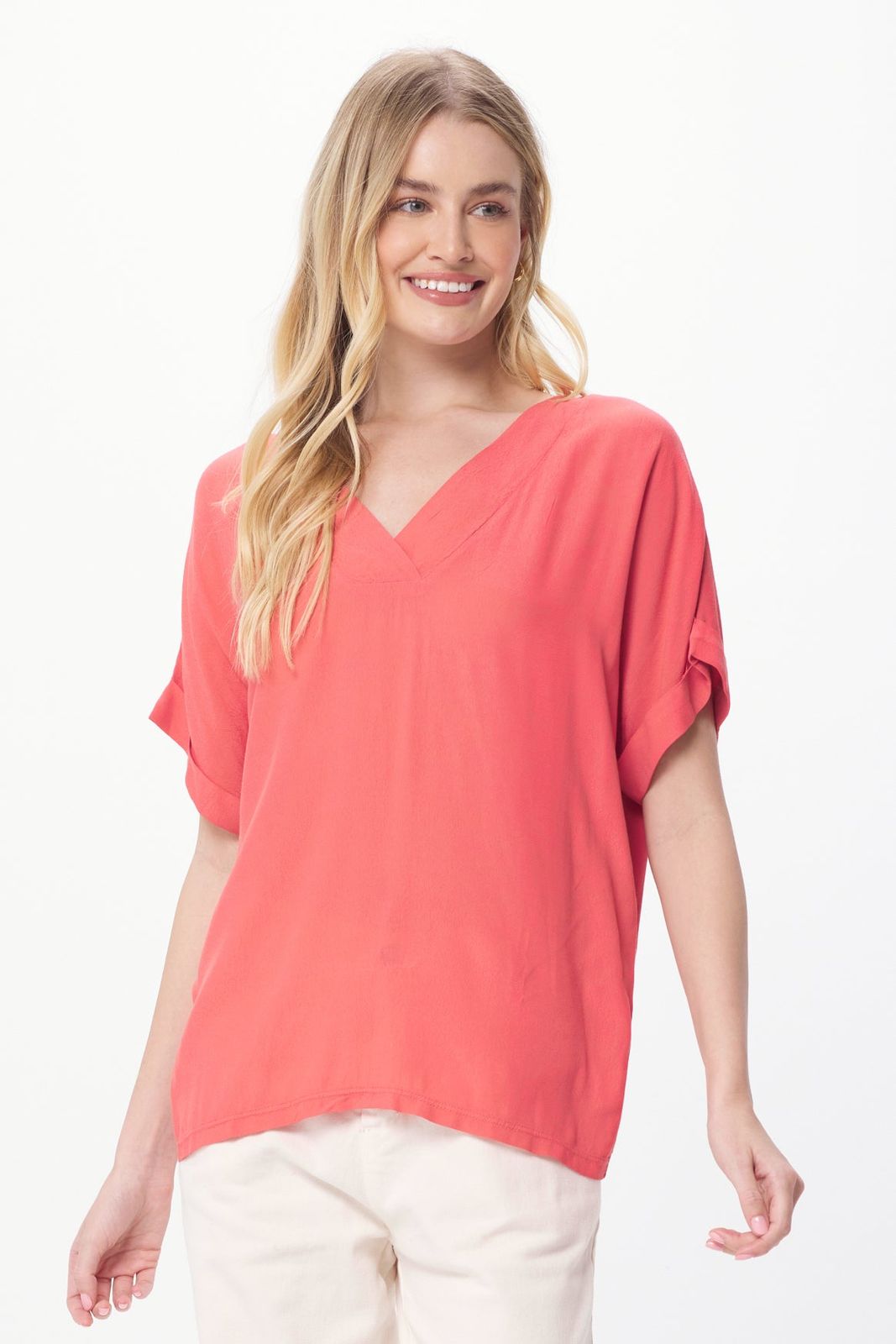 Kashmir Crepe Front Jersey Back V Neck Tee