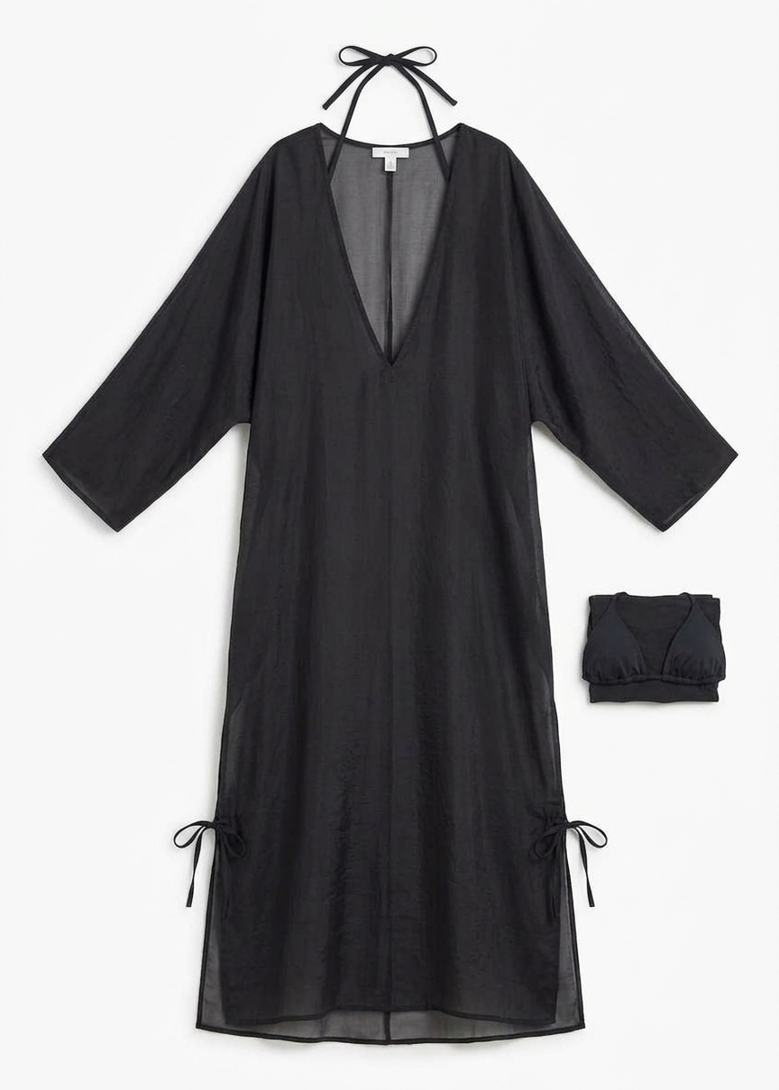 Ostuni Sheer Silk Kaftan Dress - Black