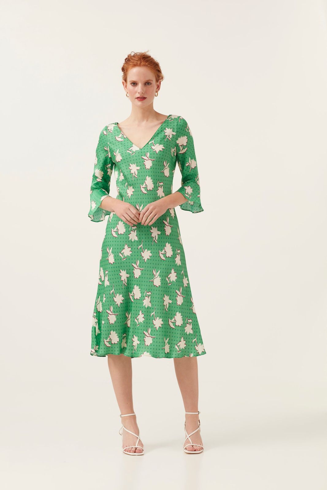 Polka Dot Floral | Ecovero &amp; FSC Viscose 3/4 Sleeve Dress | Green