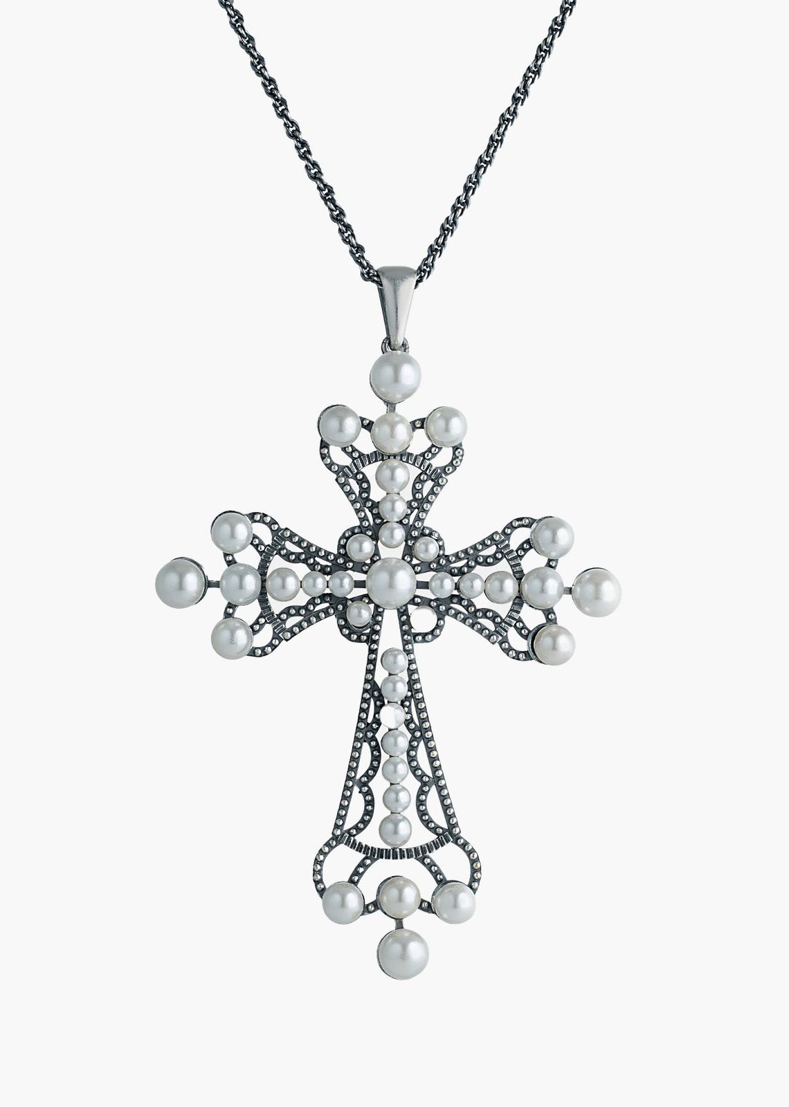 Silver Pearl Cross Necklace