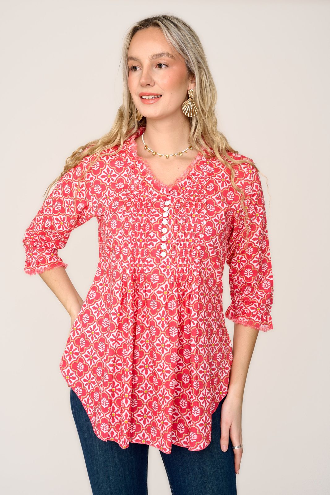 Sophie Cotton Shirt in Coral & White Flower