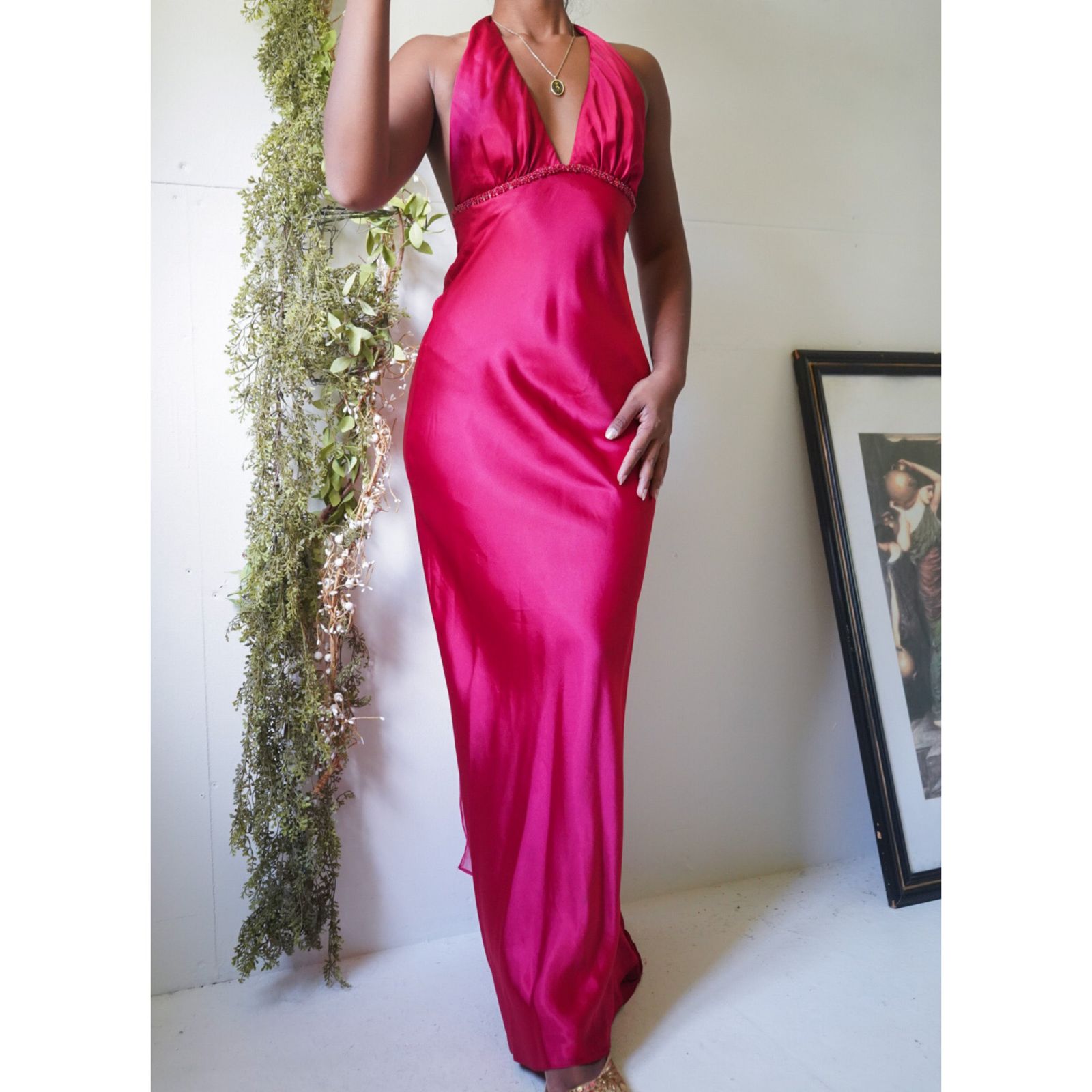 Red Satin Halter Backless Gown