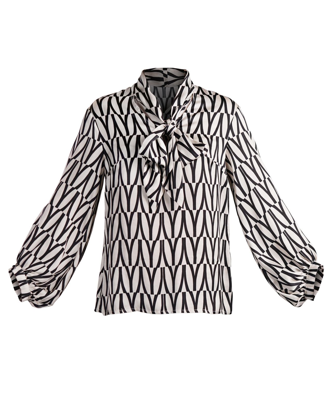 The Pippa Blouse | Black & Cream Abstract Print Silky Bow Blouse
