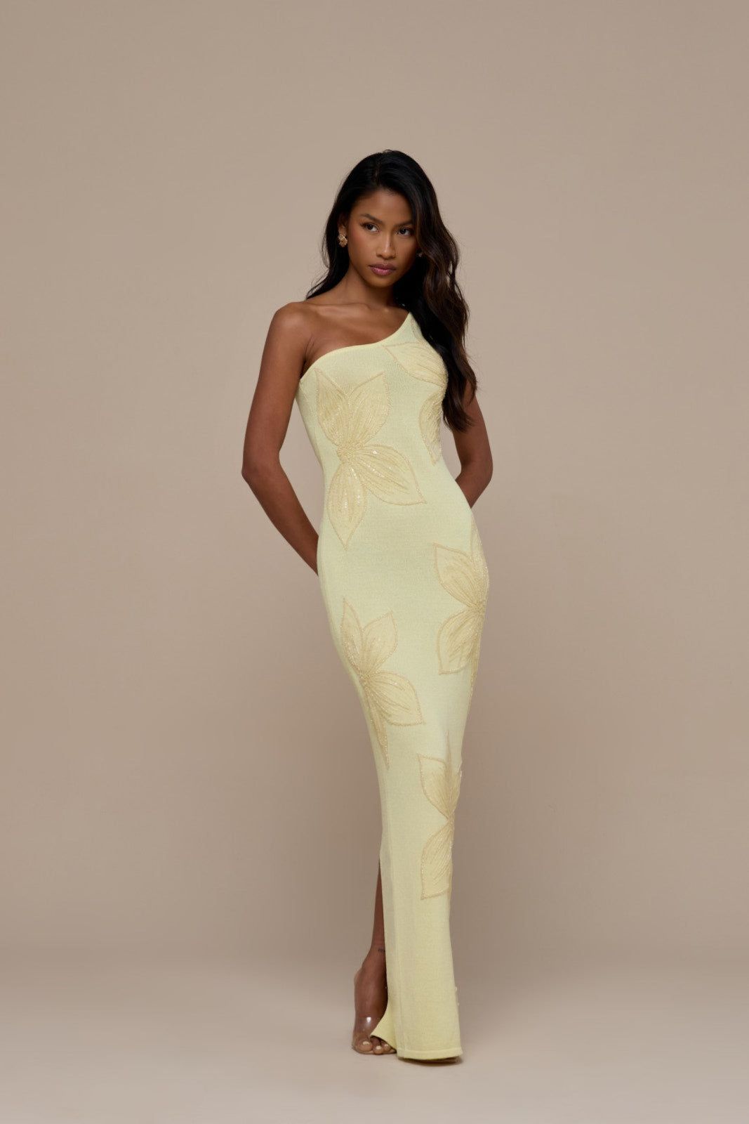 FLOSSIE KNITTED MAXI DRESS WITH BEADED FLORAL DETAIL | LEMON