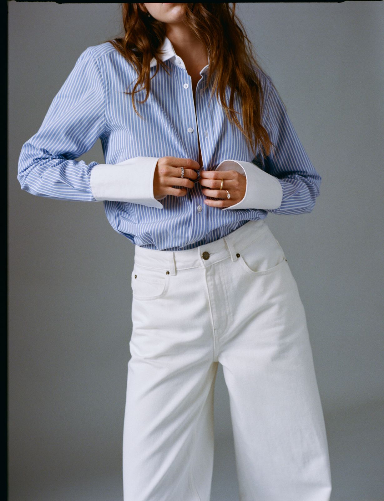 The Boyfriend Contrast Exaggerated Cuff and Collar: Fine Poplin, Inverted Pinstripe