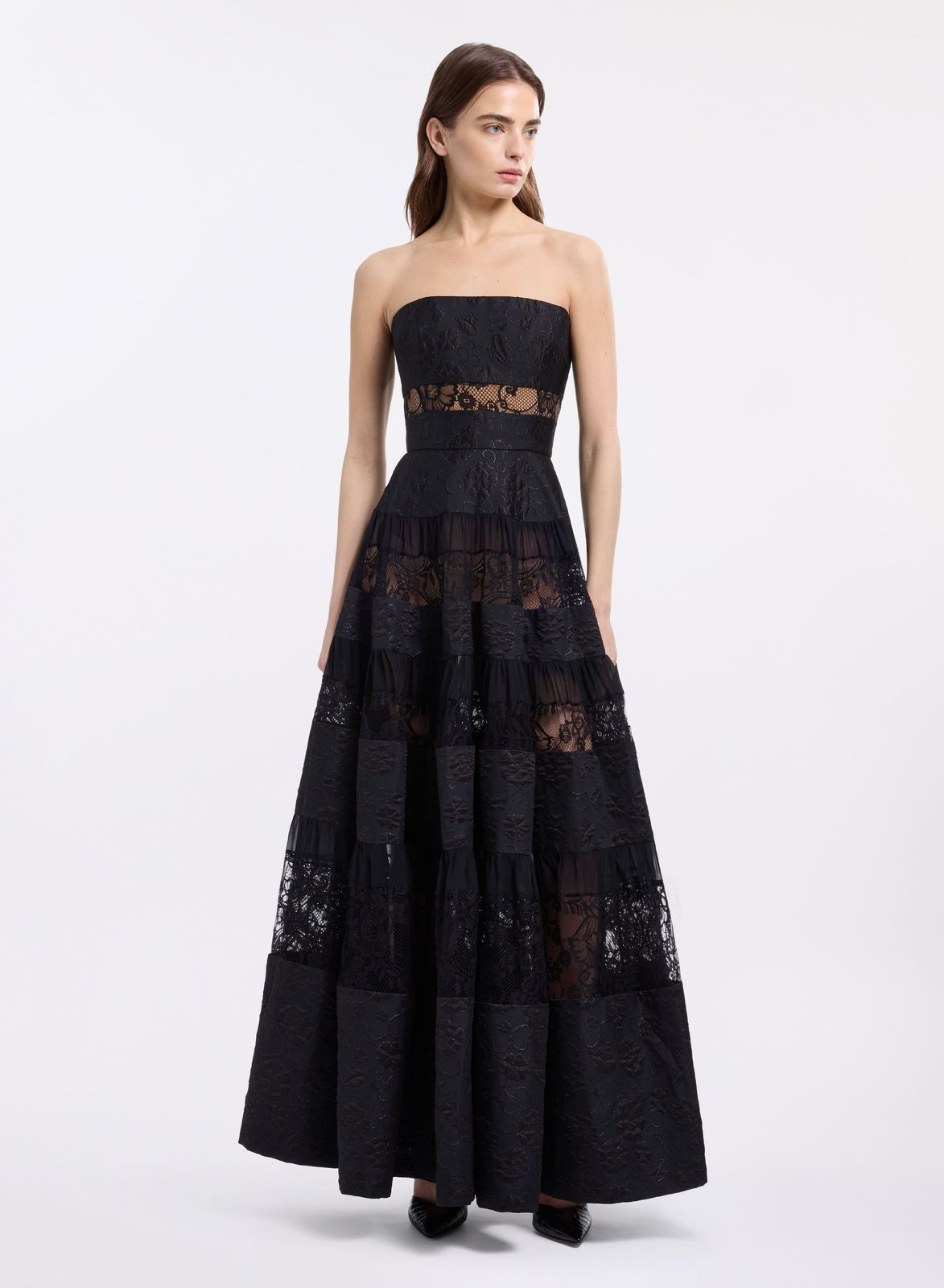 Strapless Brocade & Lace Long Dress