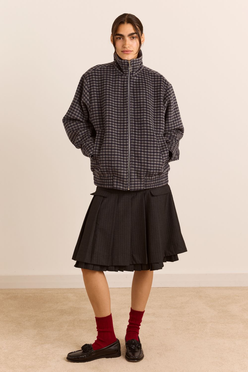 Pixie Wool Blend Bomber - Willow Gingham