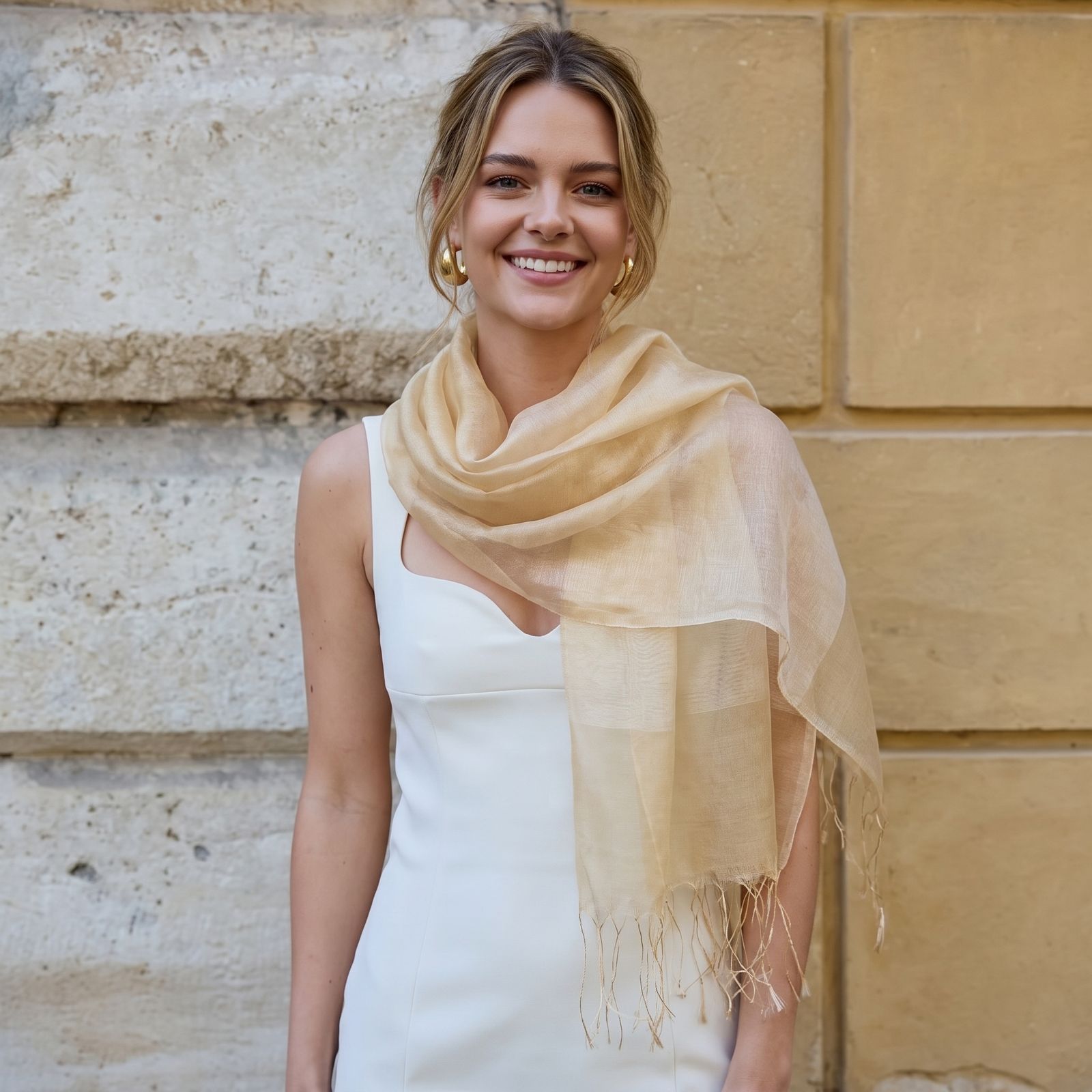 Organza Wrap in Cream Silk Crepe & Gold Organza Sophia Tasselled Special Occasion Scarf