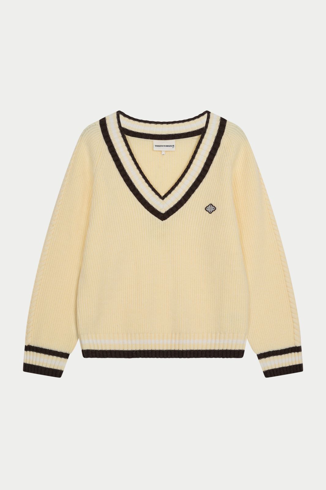KNIT CONTRAST STRIPE V NECK CRICKET JUMPER - BUTTERMILK