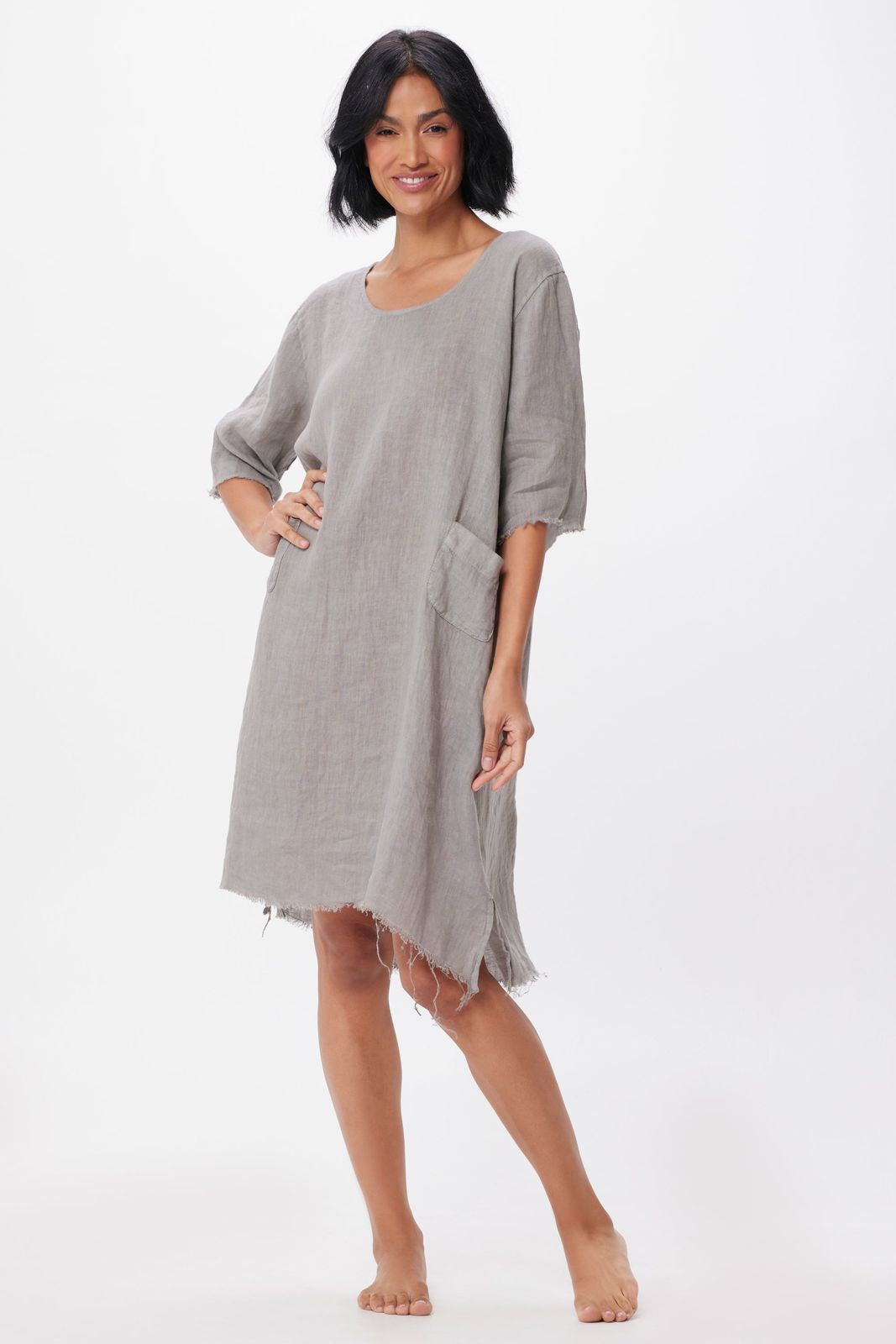Sterling Linen Fringed Hem Hi Lo Midi Dress