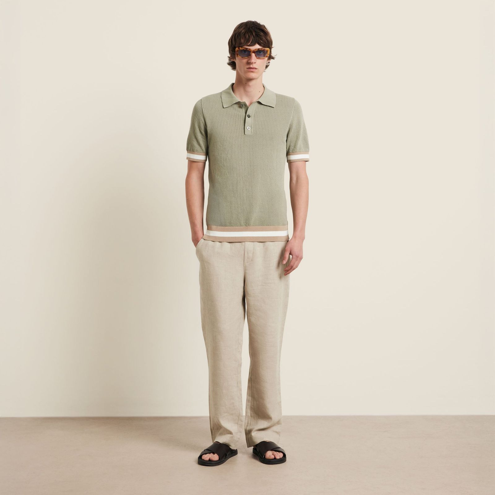 Cotton Open Knit Quinn Polo - Sage