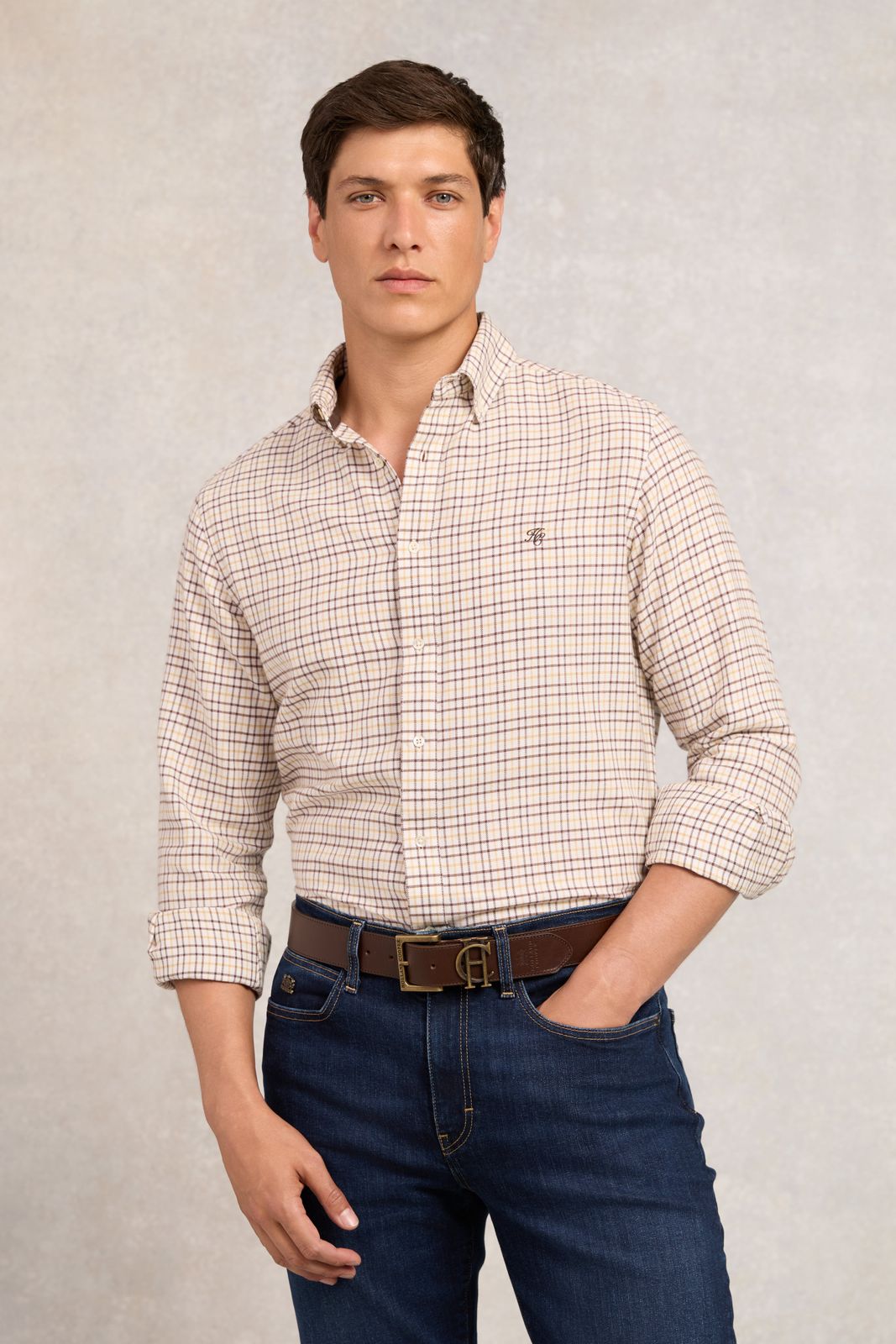Men's Classic Fit Brushed Cotton Shirt (Cheltenham Camel Check)