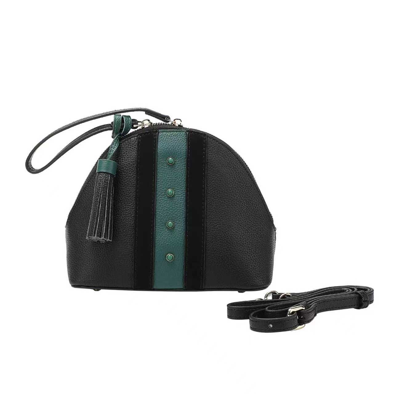 Black & Green Leather Dome Bag — With Tassel & Two-Way Zip