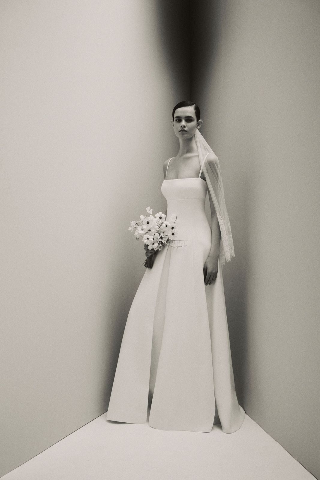Oceana Bridal Dress in Ivory Double Wool Crepe with the Acanthus Veil