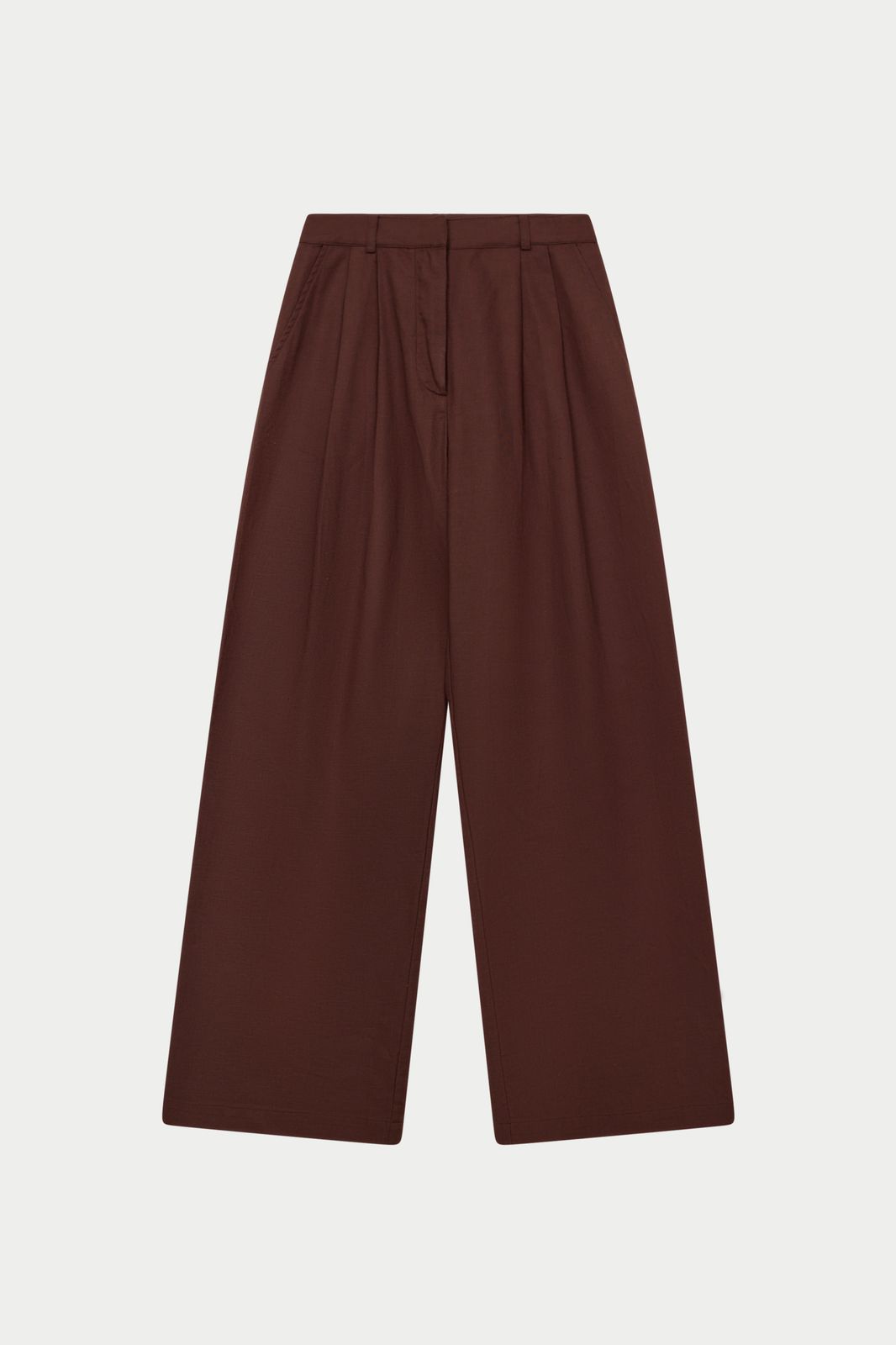 LINEN BLEND WIDE LEG PLEATED TROUSERS - CHOCOLATE