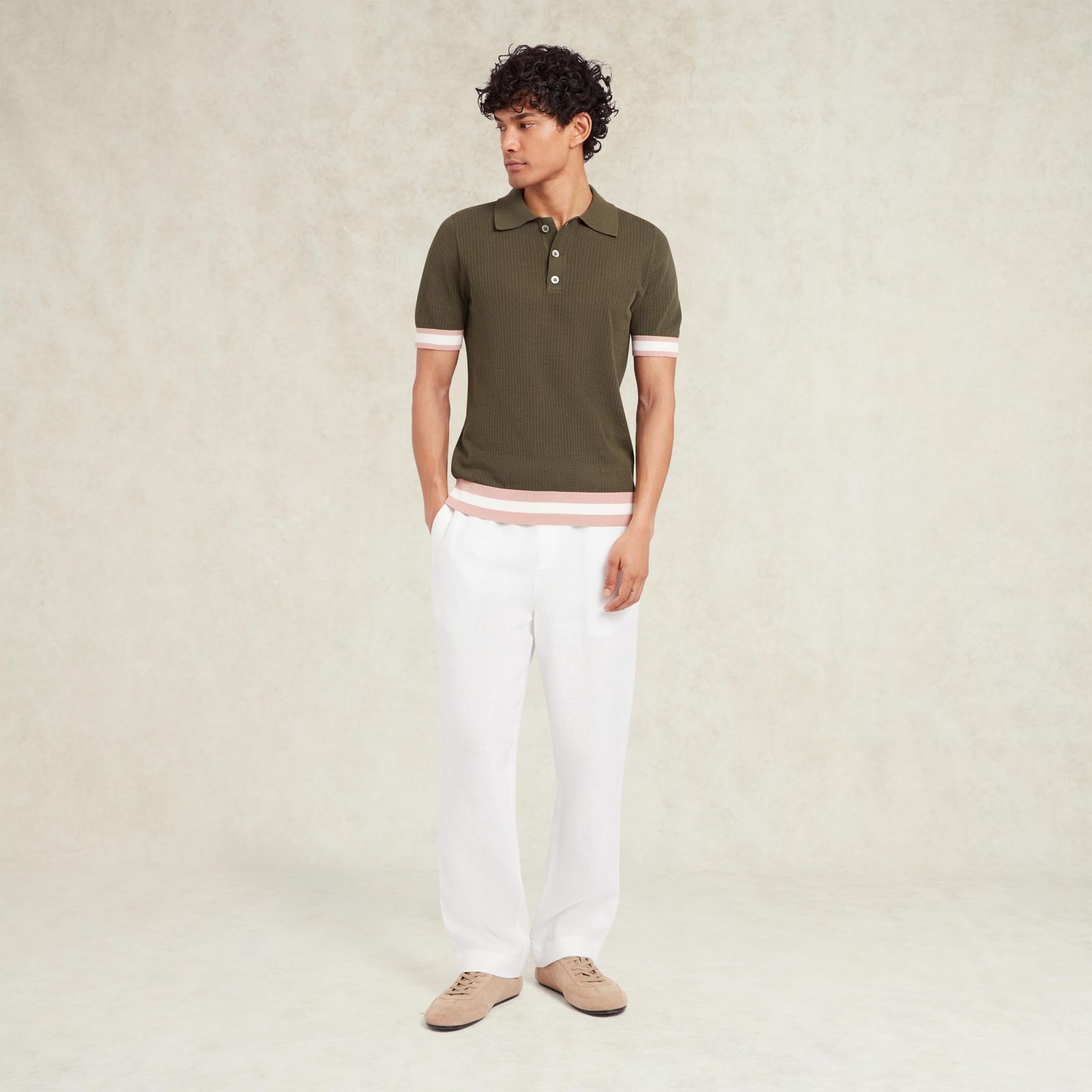 Cotton Open Knit Quinn Polo - Khaki