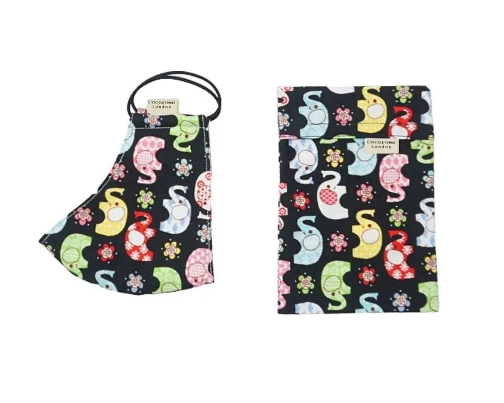 Children's Cotton Face Mask with Filter Pocket and Matching Pouch - Colourful Elephants