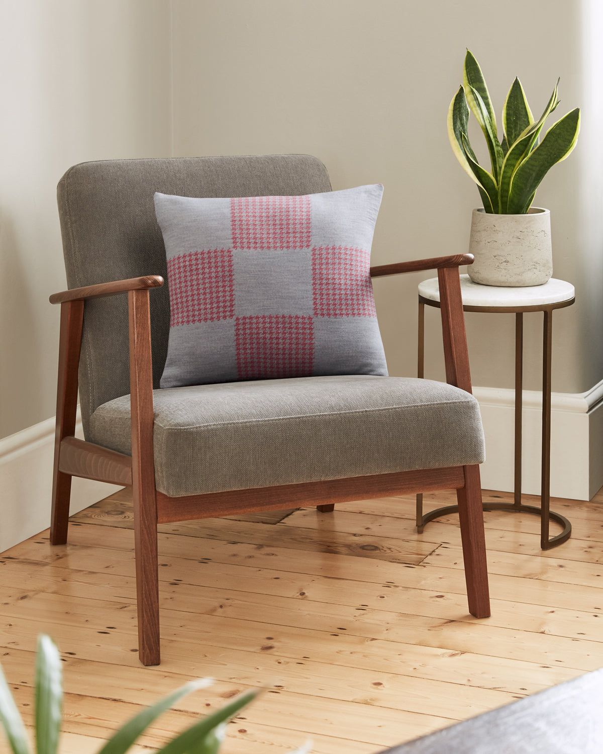 Squared Patch Houndstooth Candy Pink and Pearl Grey Cushion