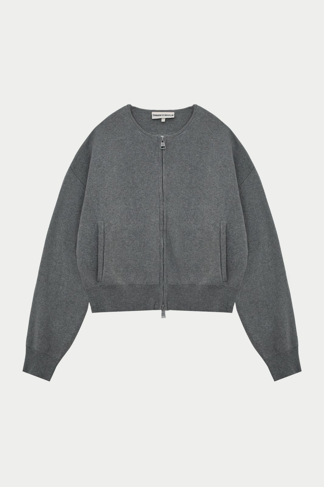 COLLARLESS KNITTED ZIP THROUGH BOMBER - GREY MARL