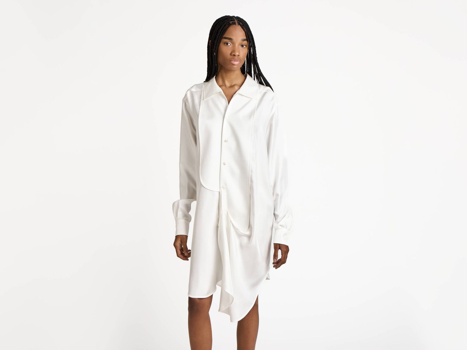 WOMENS TUXEDO DRAPE SILK DRESS IN OFF-WHITE