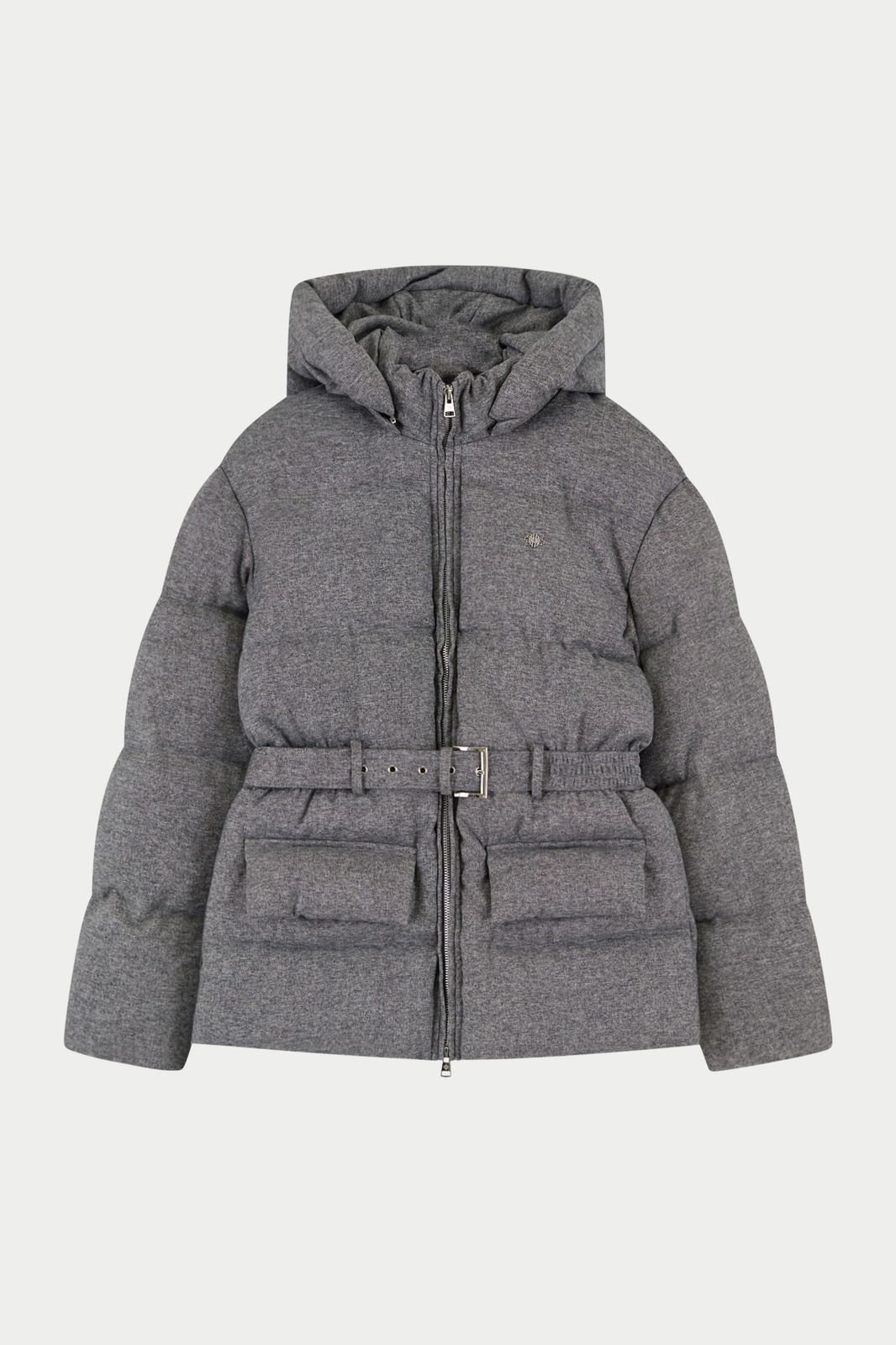 WOVEN BELTED PUFFER COAT - GREY