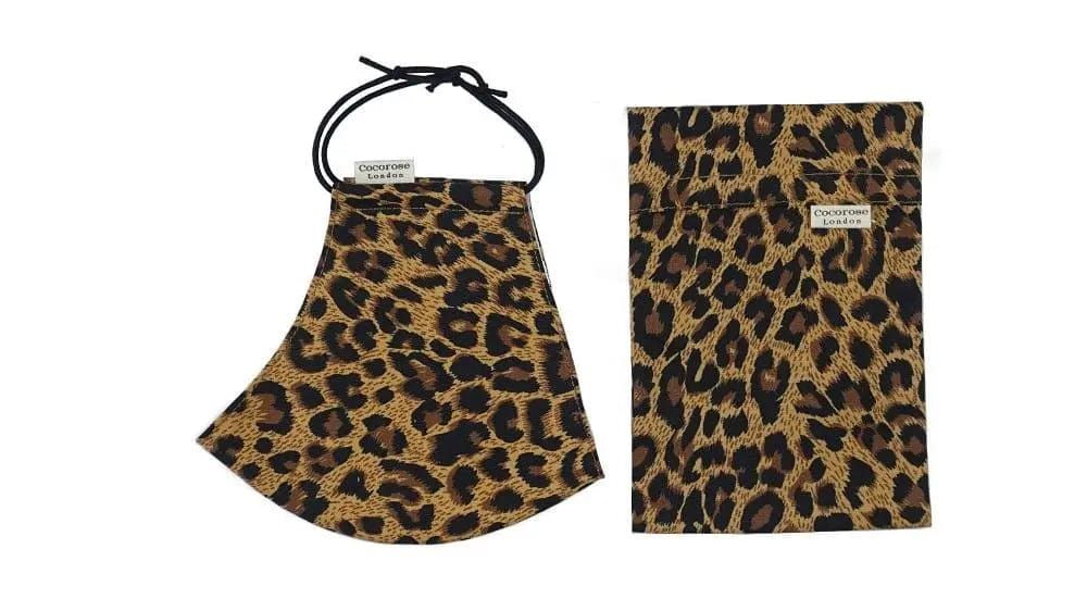 Cotton Face Mask with Filter Pocket and Pouch - Leopard Print Brown