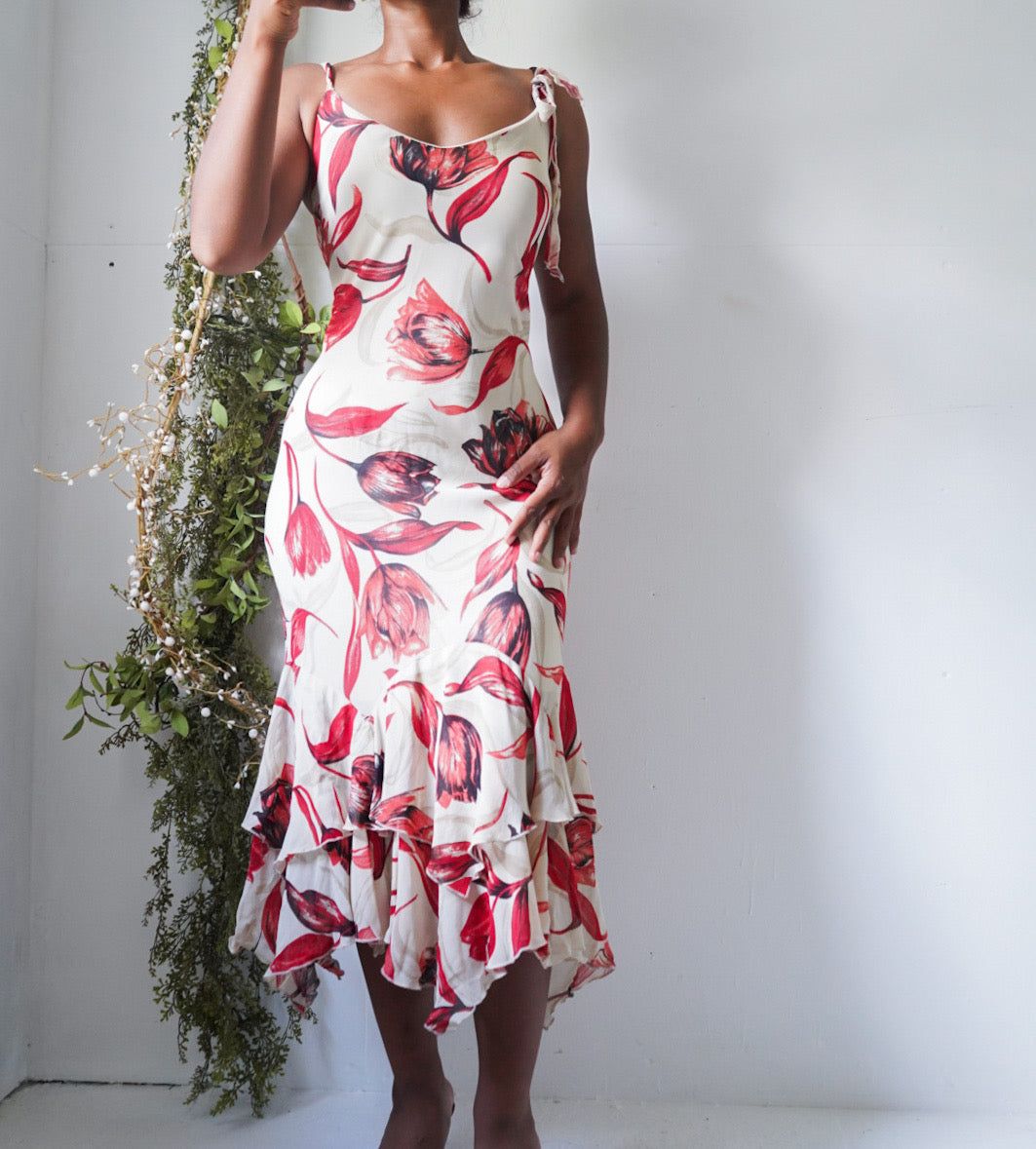 Y2K Cream and Red Floral Fairy Midi Dress