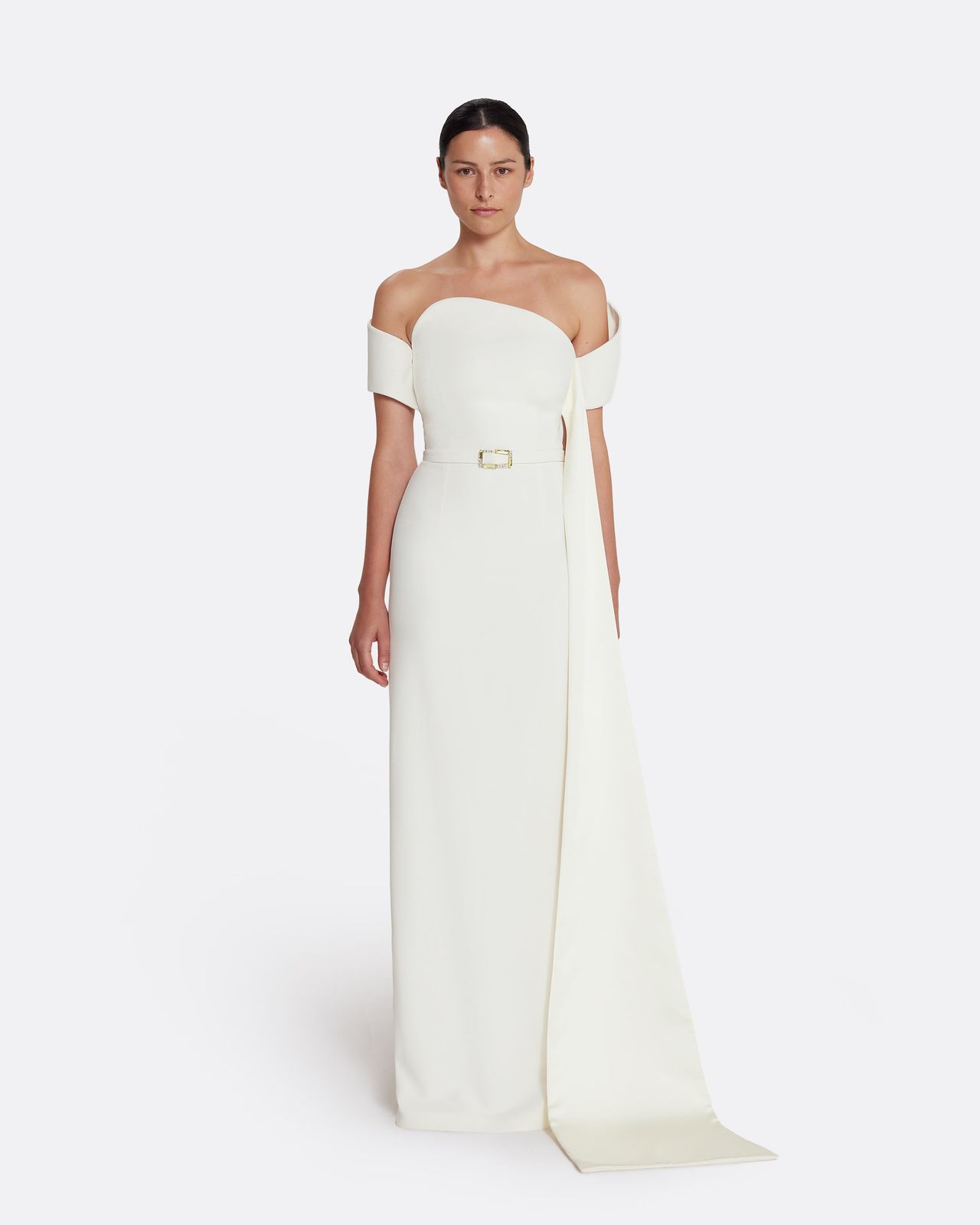 Giorgia Long Dress in Ivory with Embellished Belt