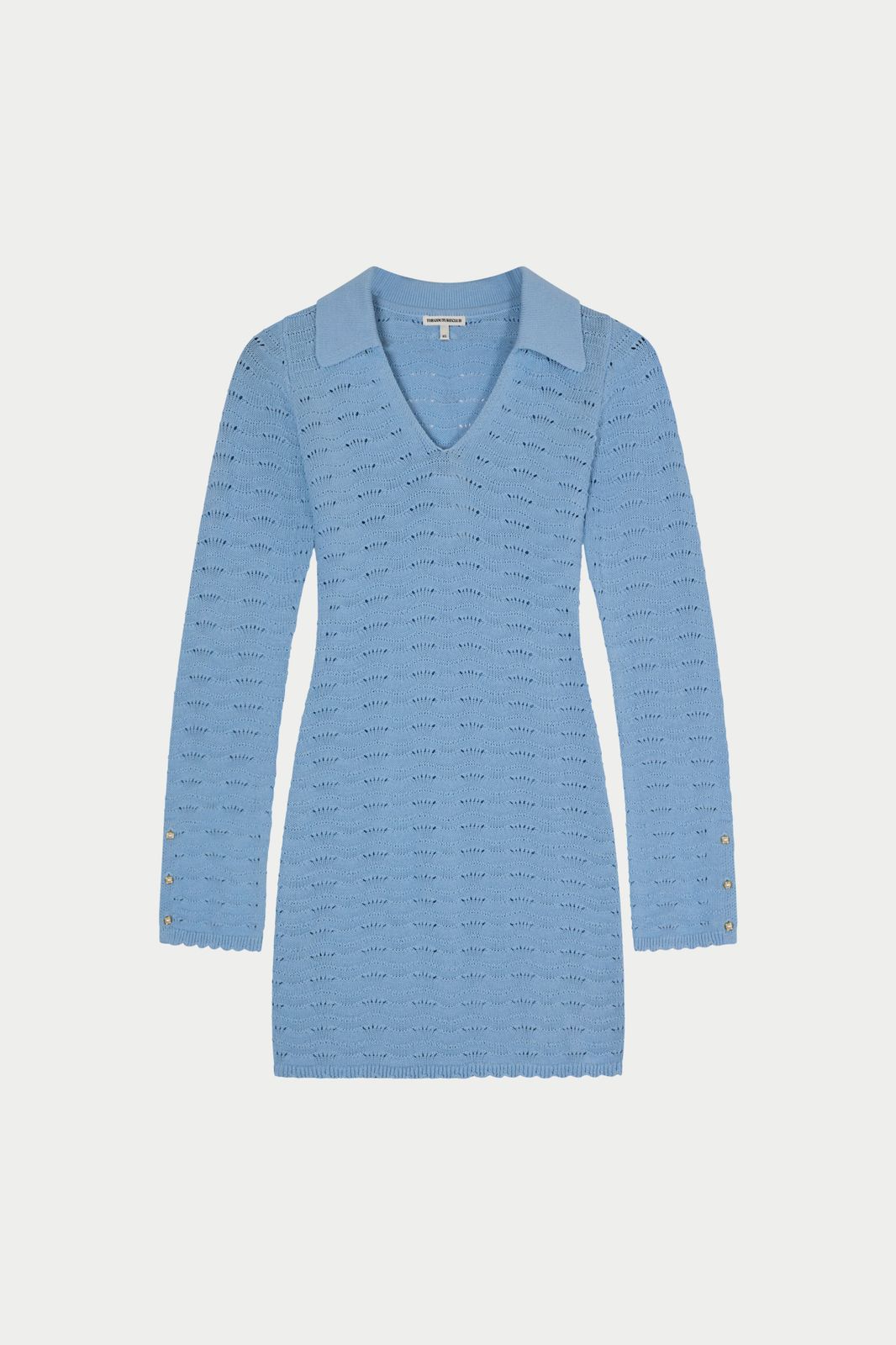 OPEN COLLAR CROCHET KNIT MINI DRESS - POWDER BLUE