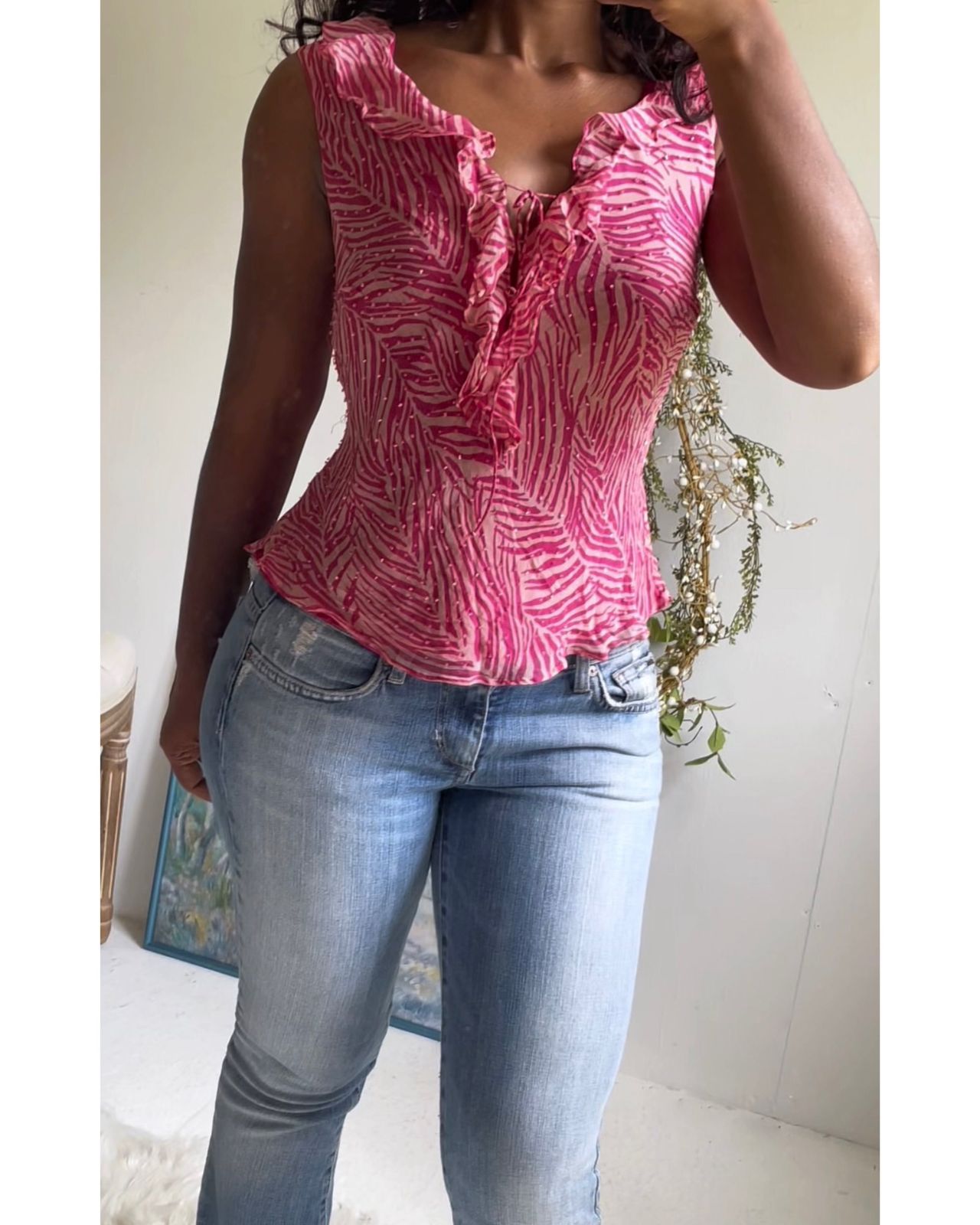 Y2K Silk Zebra Print Beaded Tank