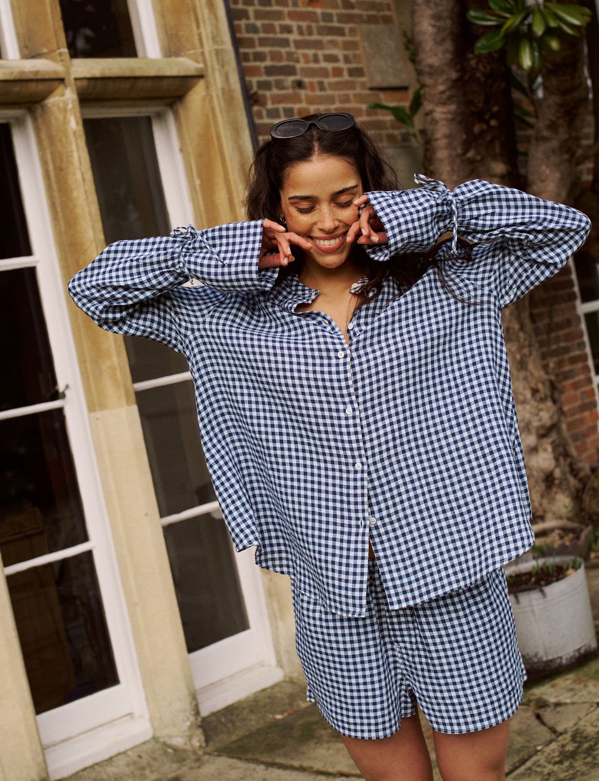 Rye Blouse: Linen, Navy Blue Gingham