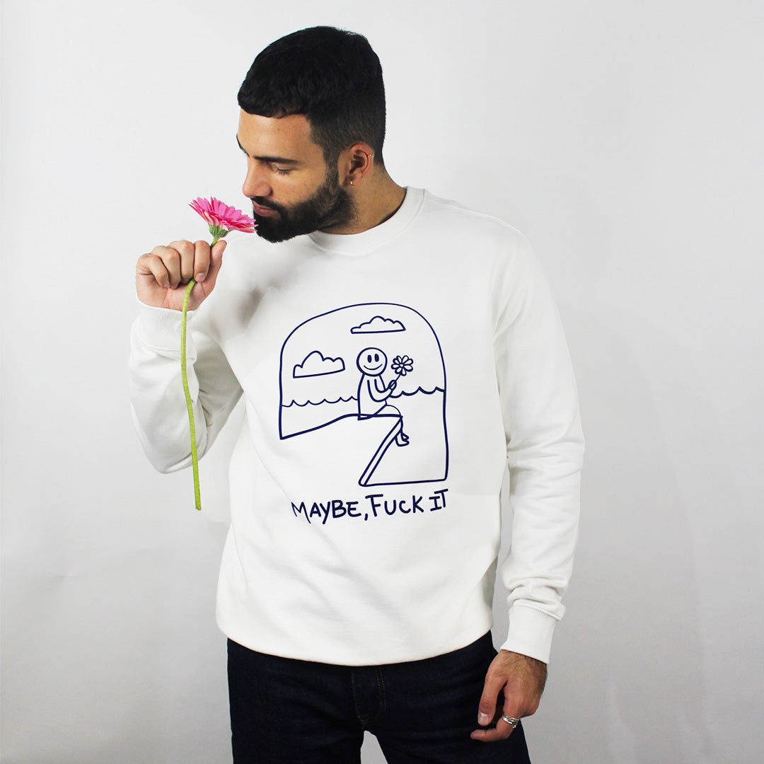 MAYBE | Organic Cotton Unisex Graphic Sweatshirt | White