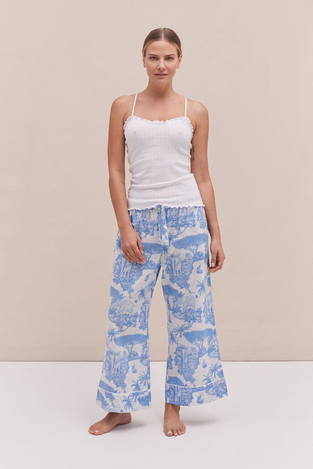 Soft V Tank Top & Wide Leg Trouser Set White/Loxodonta Print Blue