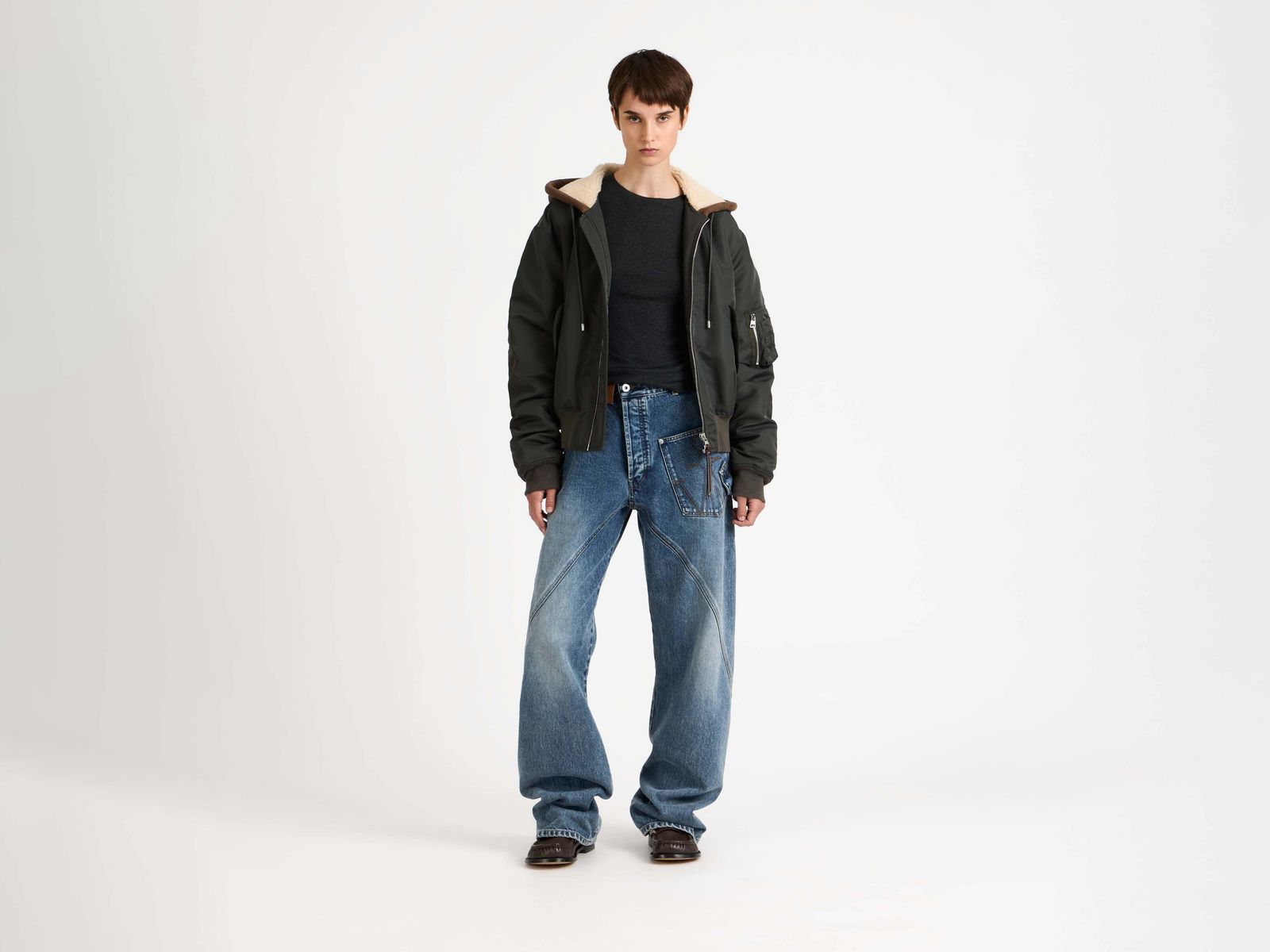 WOMENS HOODED BOMBER JACKET IN DARK KHAKI