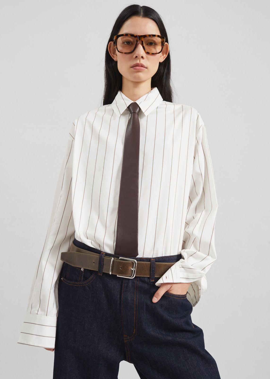 Peri Striped Cotton Shirt - White/Brown Stripe
