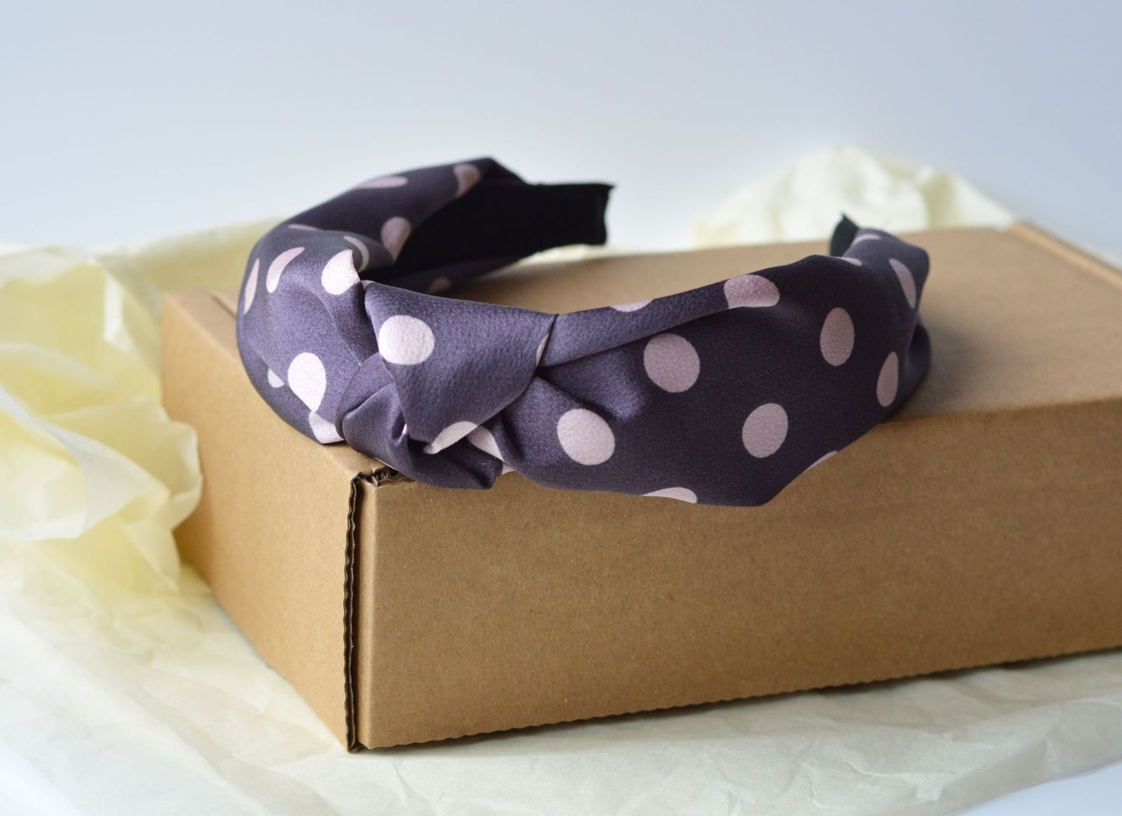 Leah Rigid Headband Mauve Silky Fabric with Pink Polka Dots