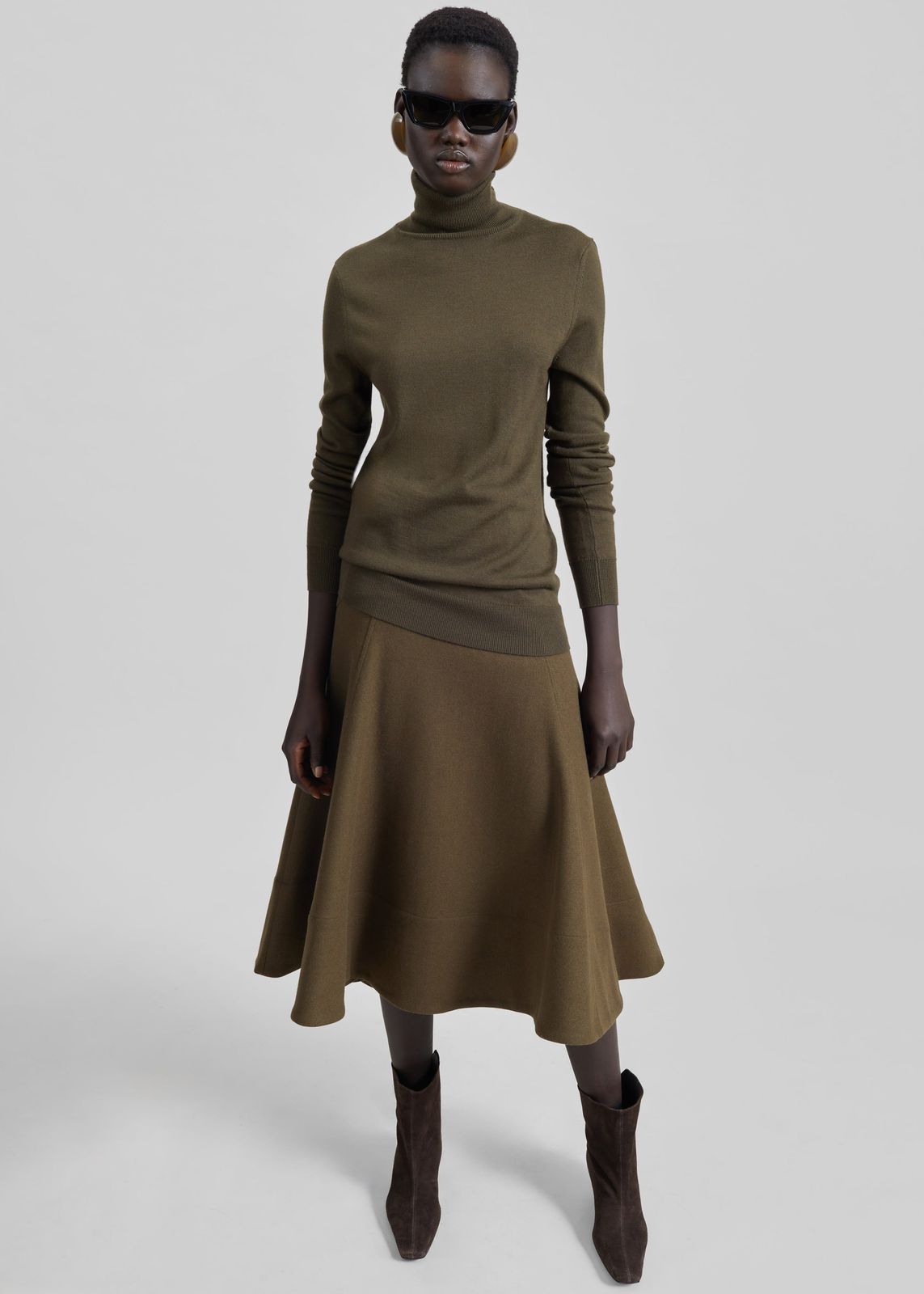 Manali Flared Midi Skirt - Olive Brown