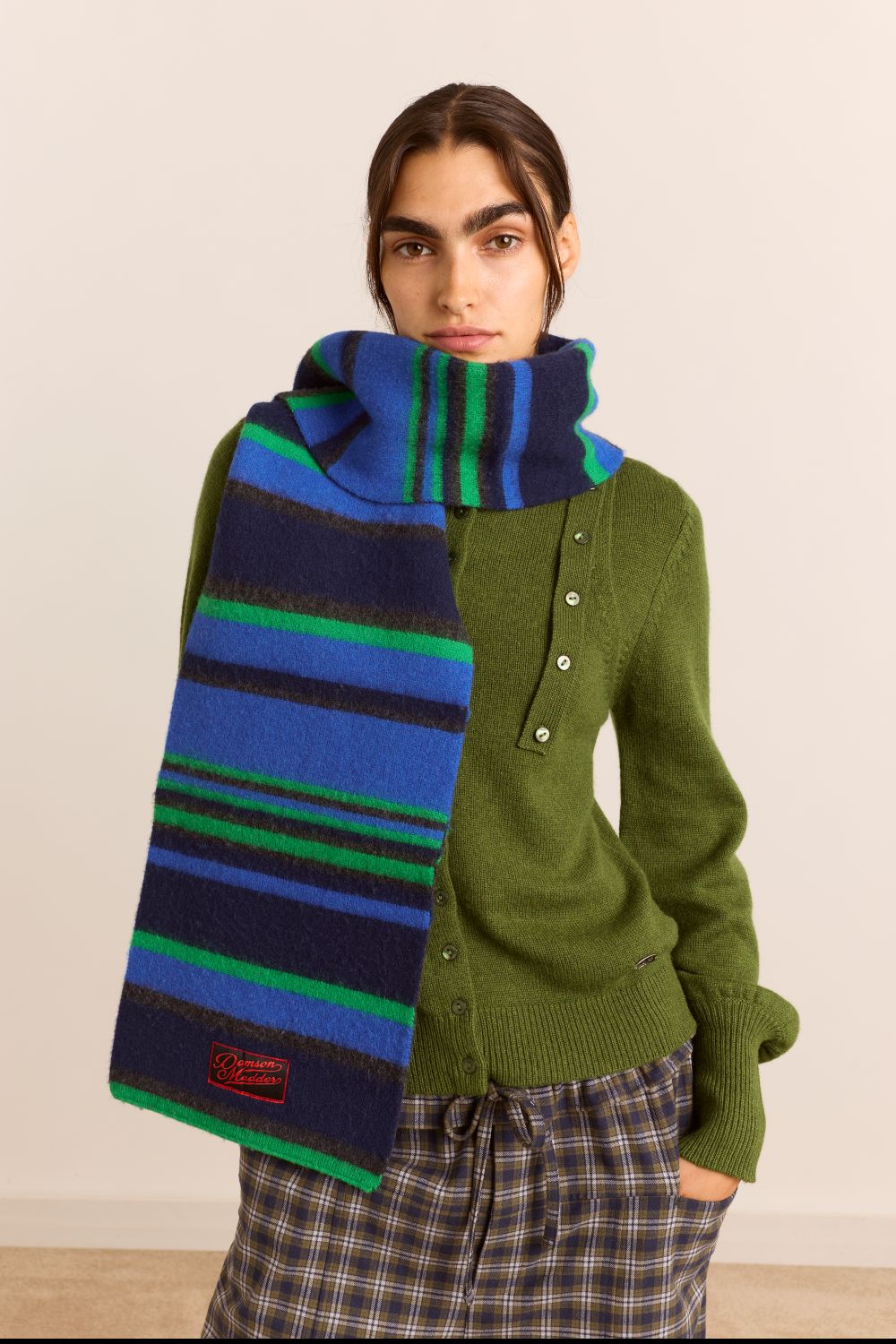 Rene Scarf In Merino Wool - Green/Blue Stripe